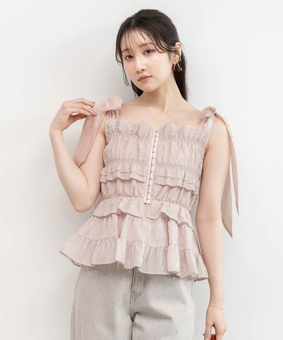 RANDA フリルジャガードリボントップス ランダ トップス シャツ・ブラウス ブラック ピンク