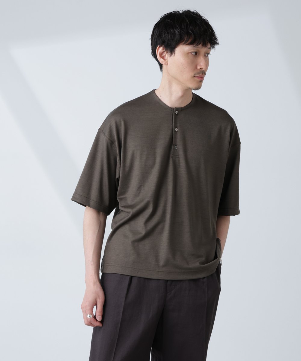 NANO universe 「ALL-DAYS COMFORT 100% WOOL」 ヘンリーネックTEE ナノユニバース トップス カットソー・Tシャツ カーキグリーン ブラック