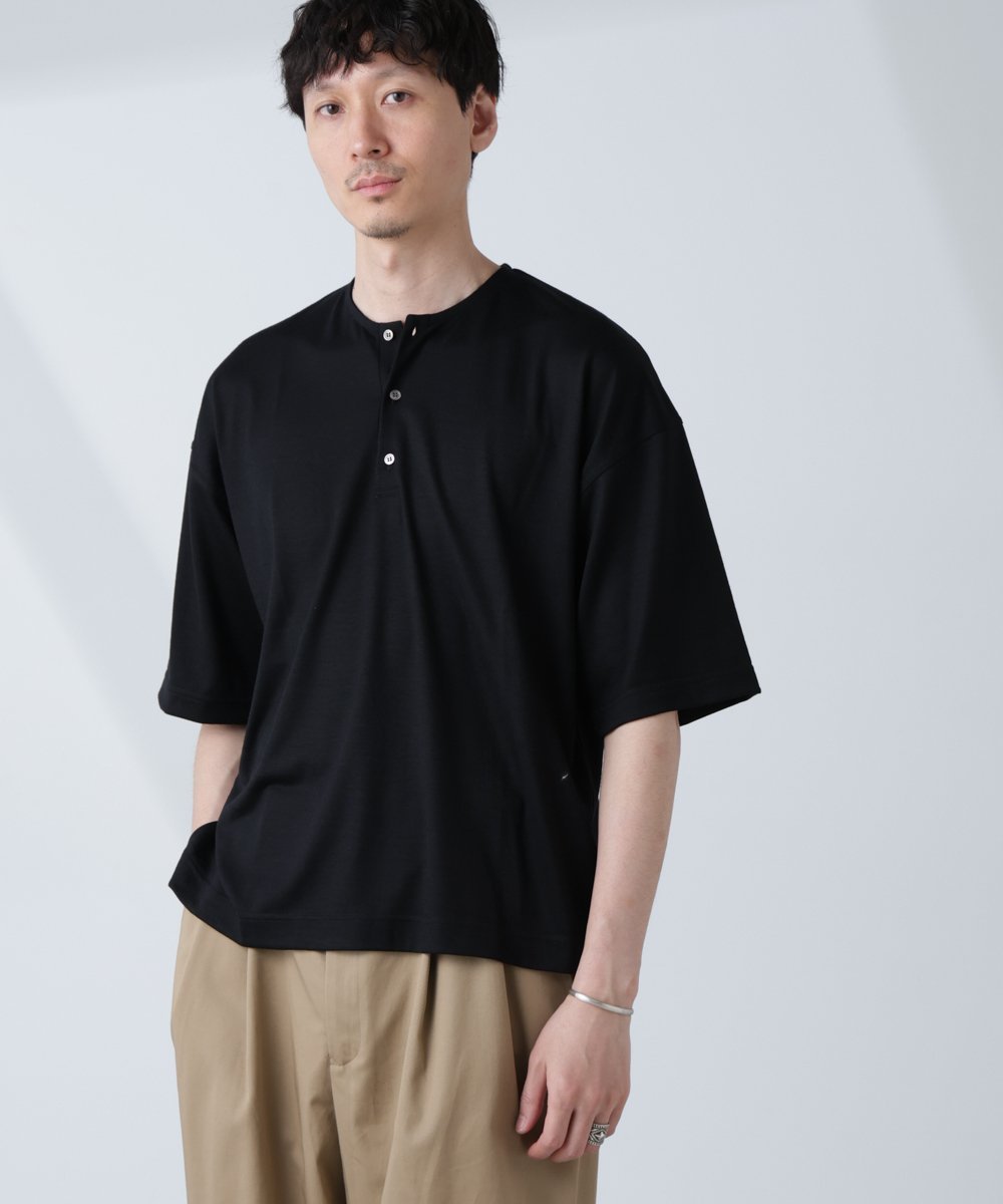 NANO universe 「ALL-DAYS COMFORT 100% WOOL」 ヘンリーネックTEE ナノユニバース トップス カットソー・Tシャツ カーキグリーン ブラック