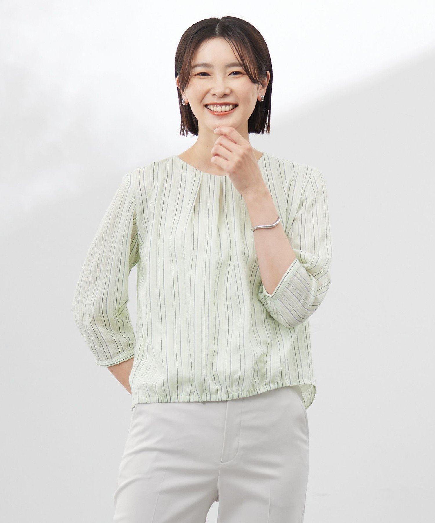 J.PRESS 【洗える】ランダムストライプ シアー プルオーバー カットソー ジェイプレス トップス カットソー・Tシャツ グリーン ホワイト ネイビー