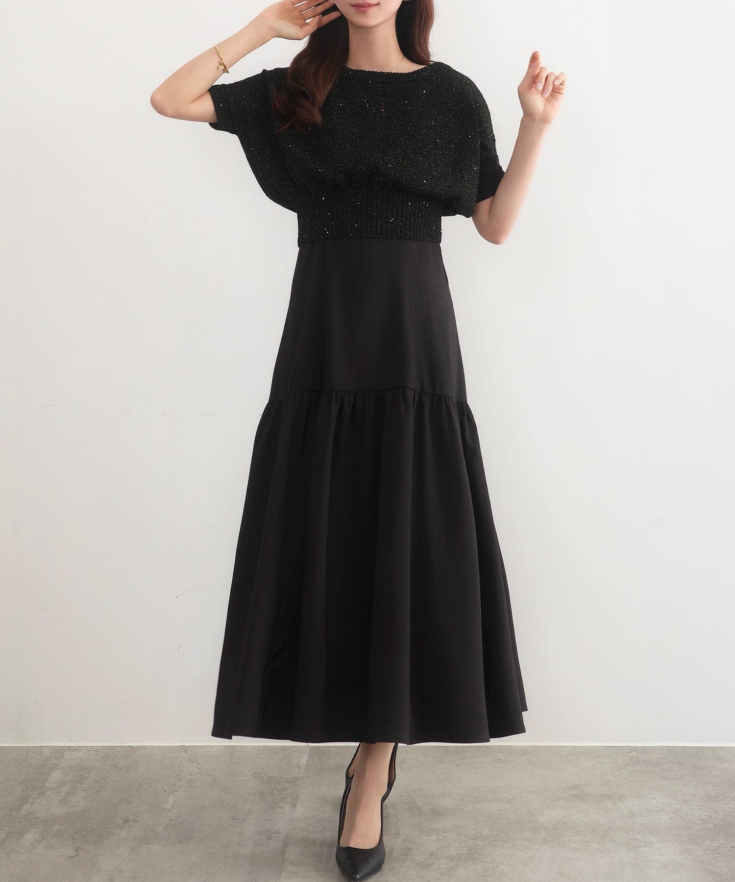 【SALE／56%OFF】JUNOAH CENEA スパンコールショートニット+ティアードキャミワンピース set ジュノア ワンピース・ドレス ワンピース ブラック ホワイト グレー【送料無料】