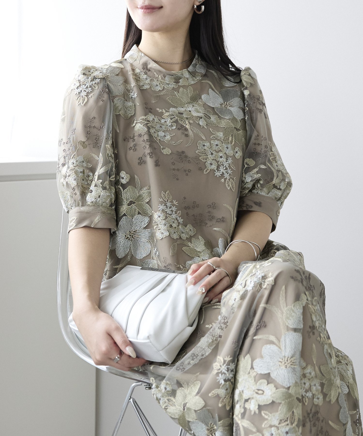 PREFERIR 刺繍レースバルーンスリーブドレス プレフェリール ワンピース・ドレス ドレス グリーン ブラウン【送料無料】