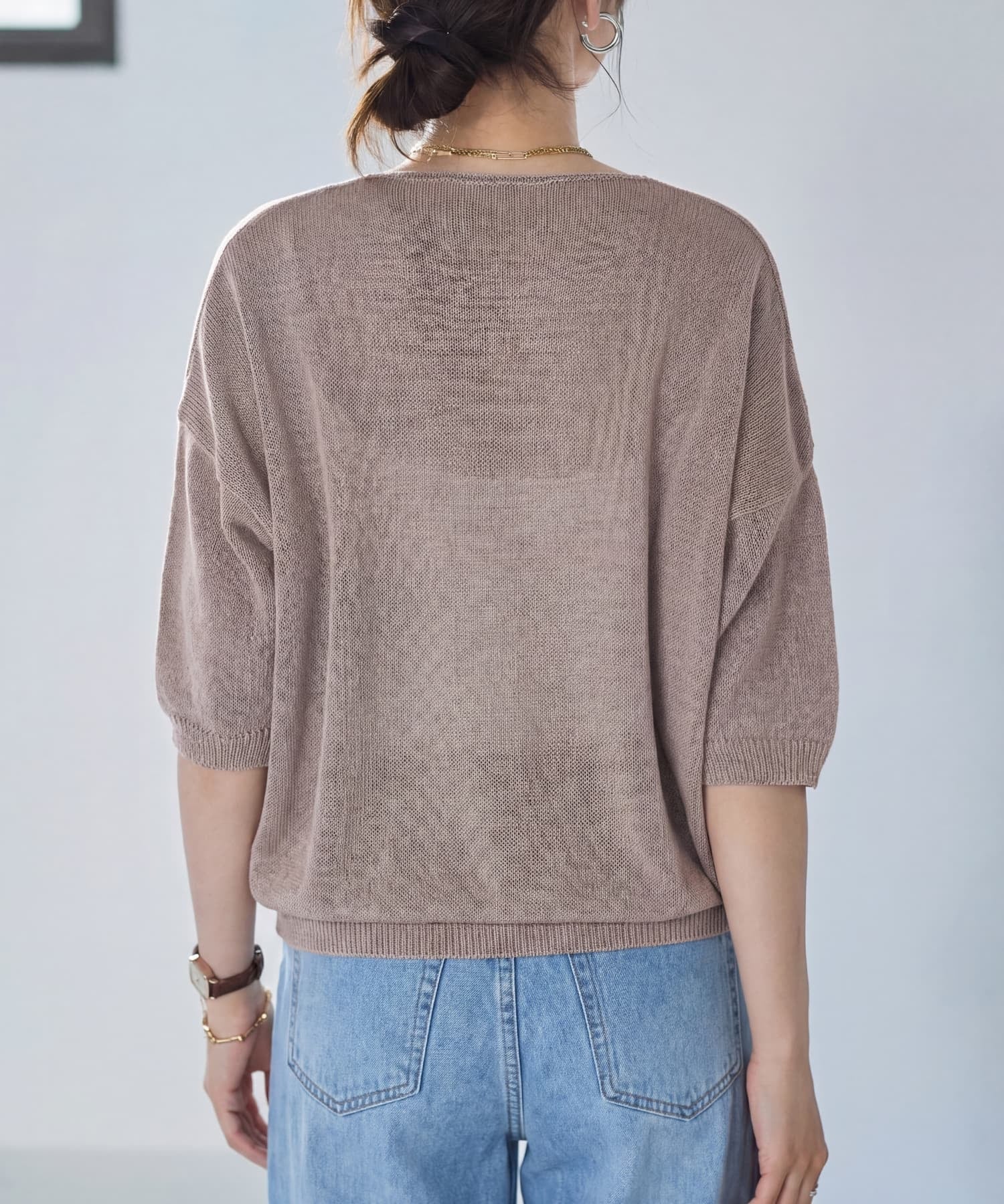 STYLE DELI リネン混シアー編み5分袖Vネックニット スタイルデリ トップス ニット ブラウン