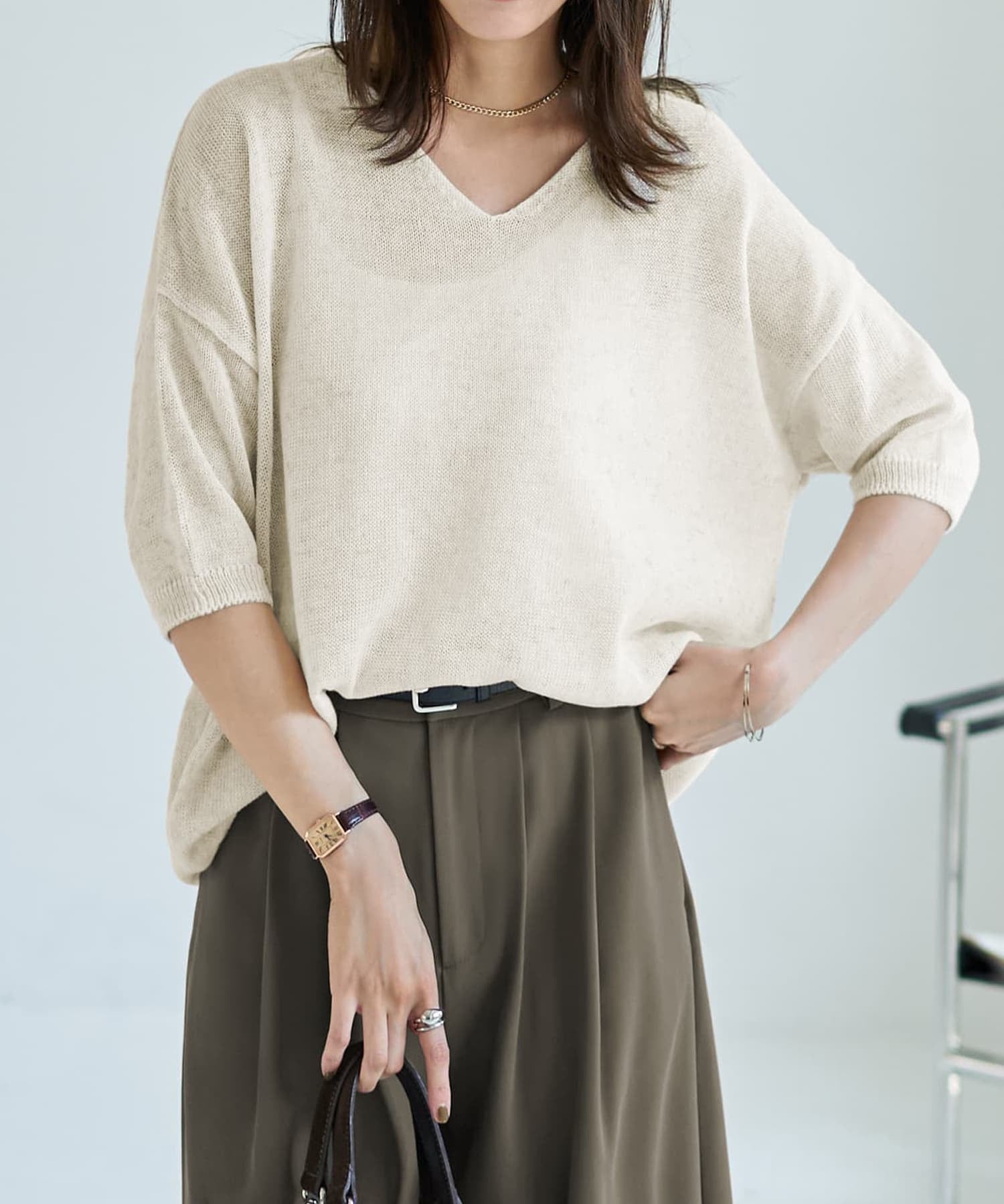 STYLE DELI リネン混シアー編み5分袖Vネックニット スタイルデリ トップス ニット ブラウン