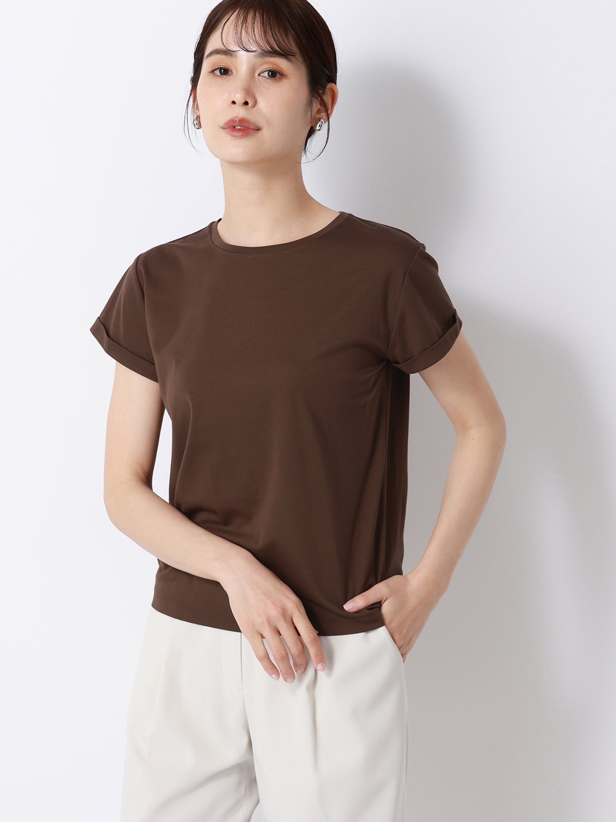 SUIT SQUARE クルーネックTシャツ 半袖 ウォッシャブル 接触冷感 BIYORI UP スーツ スクエア トップス カットソー・Tシャツ ブラウン