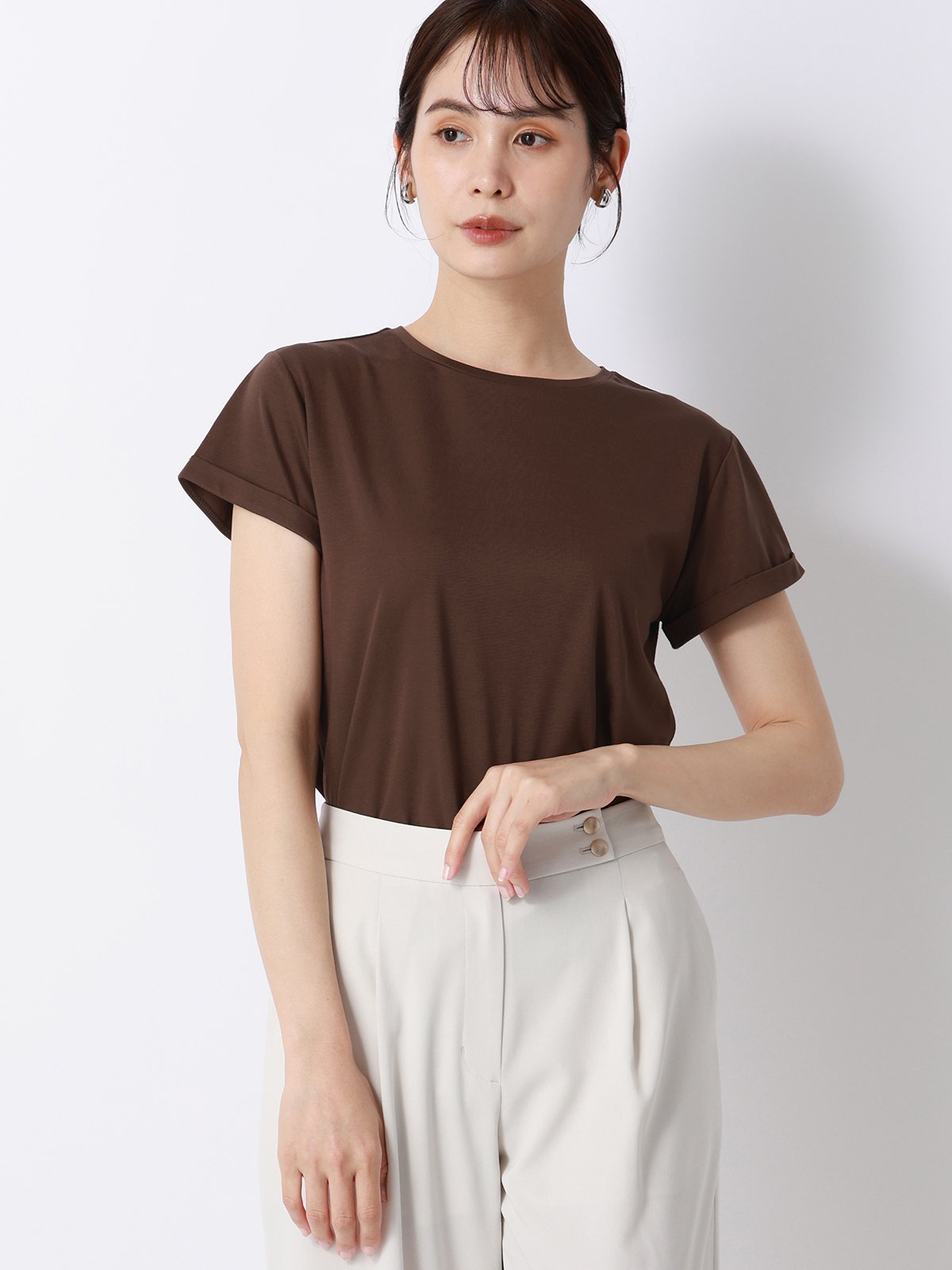 SUIT SQUARE クルーネックTシャツ 半袖 ウォッシャブル 接触冷感 BIYORI UP スーツ スクエア トップス カットソー・Tシャツ ブラウン
