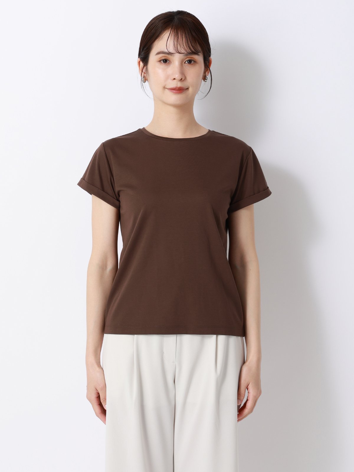 SUIT SQUARE クルーネックTシャツ 半袖 ウォッシャブル 接触冷感 BIYORI UP スーツ スクエア トップス カットソー・Tシャツ ブラウン