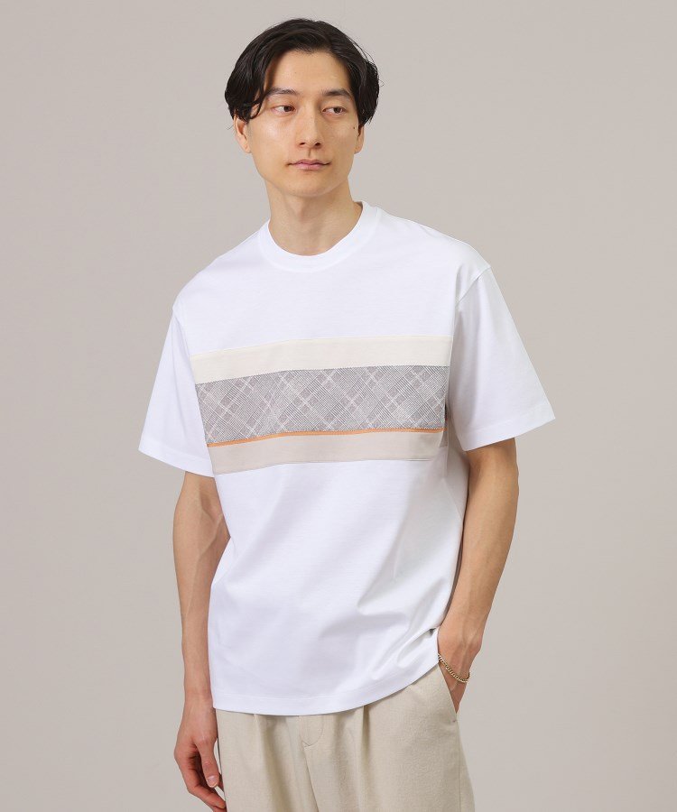 【SALE／15%OFF】TAKEO KIKUCHI ファブリックパネル切替 カットソー タケオキクチ トップス カットソー・Tシャツ ホワイト ネイビー【送料無料】