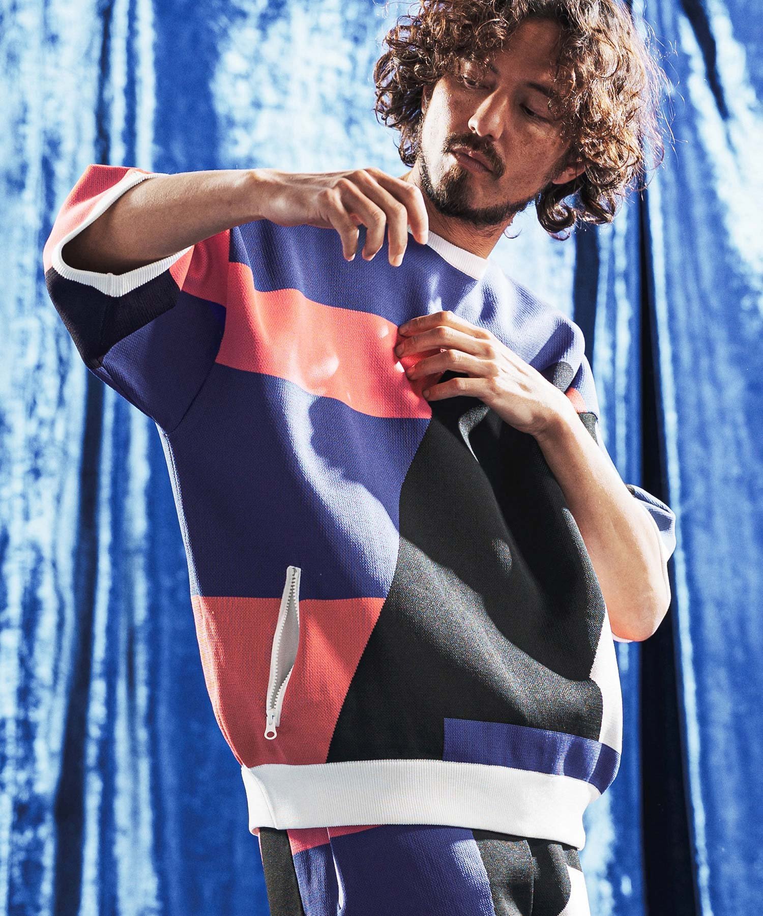ANGENEHM mn3235- Panel Jacquard Airy Knit Crew ニット カンビオ トップス ニット ネイビー ブラック グレー【送料無料】