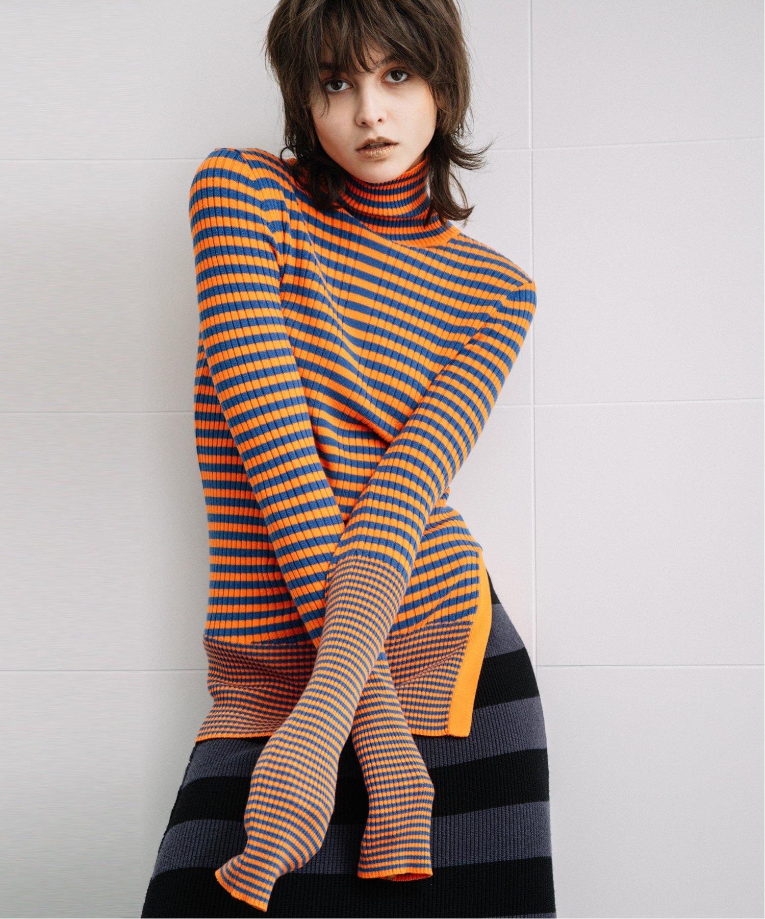 AULA AILA BORDER RIB KNIT アウラアイラ トップス ニット オレンジ グリーン ブラック【送料無料】のサムネイル