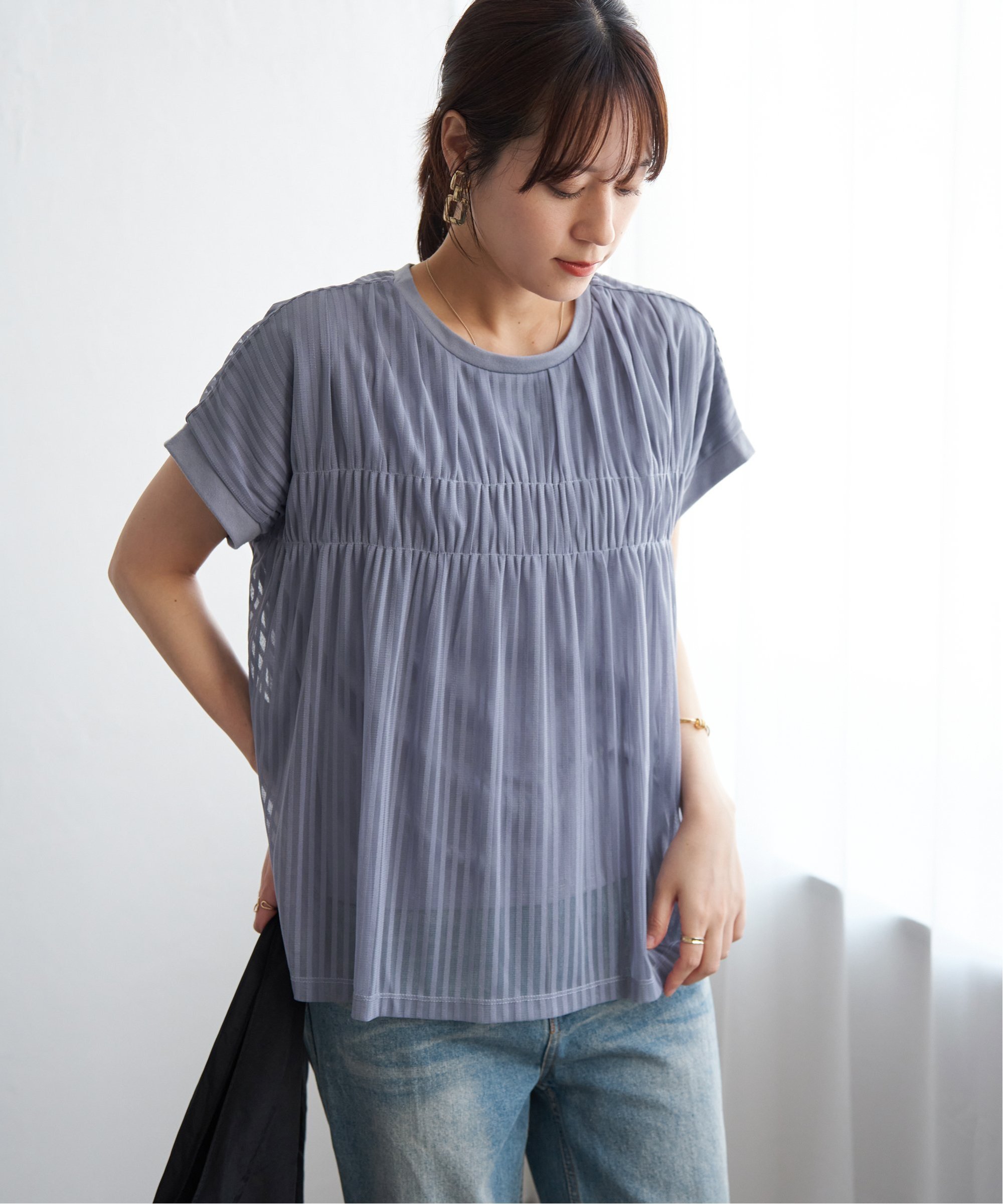ikka ストライプチュール2WAYプルオーバー イッカ トップス カットソー・Tシャツ ホワイト ブラック ブルー