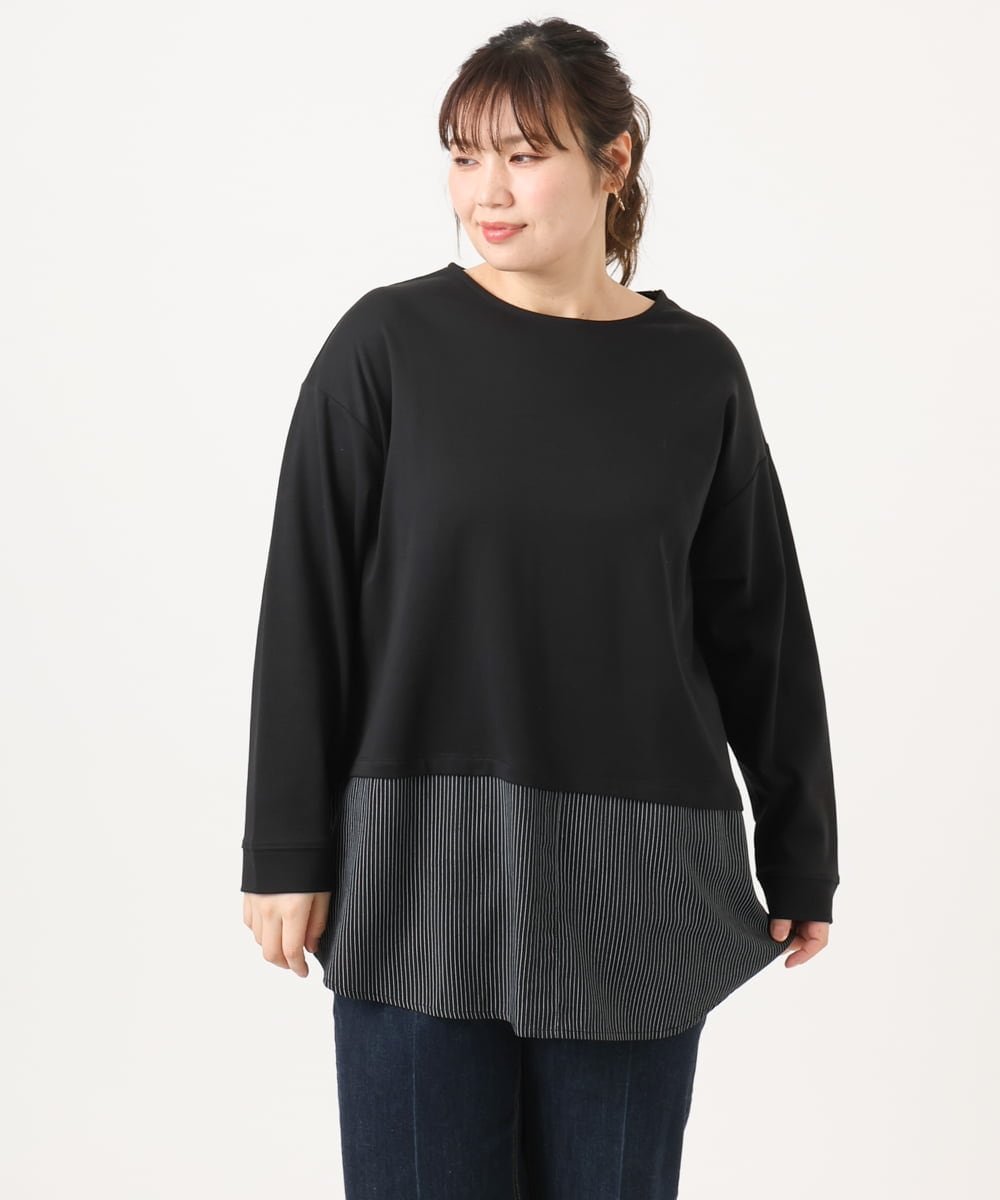 【大きいサイズ】シャツレイヤード風カットソー エウルキューブ トップス カットソー・Tシャツ グレー ブラック ベージュ