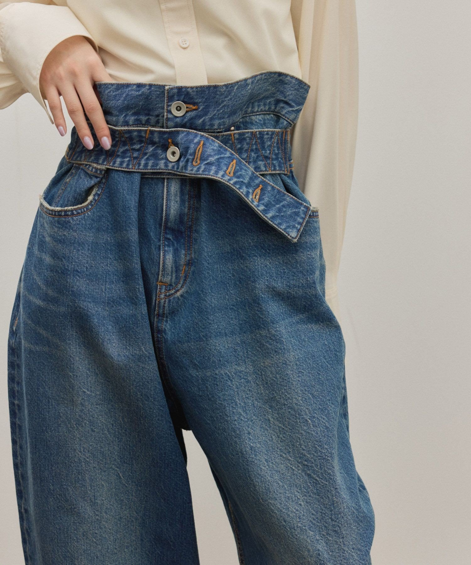 ADAM ET ROPE' FEMME 【サステナブル】ロングタブベルトデニム アダムエロペ パンツ ジーンズ・デニムパンツ ブルー【送料無料】