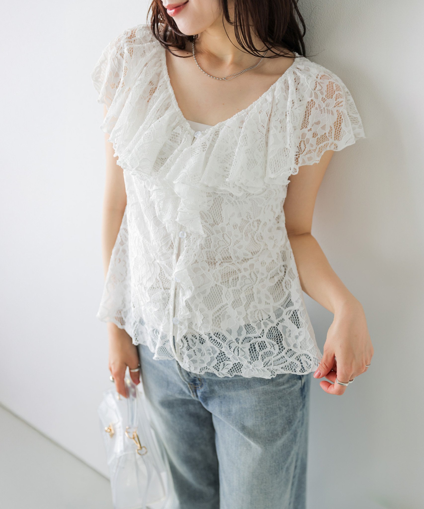 La-gemme ラッフルフリルレースブラウス ラジュール トップス シャツ・ブラウス ブラック ホワイト