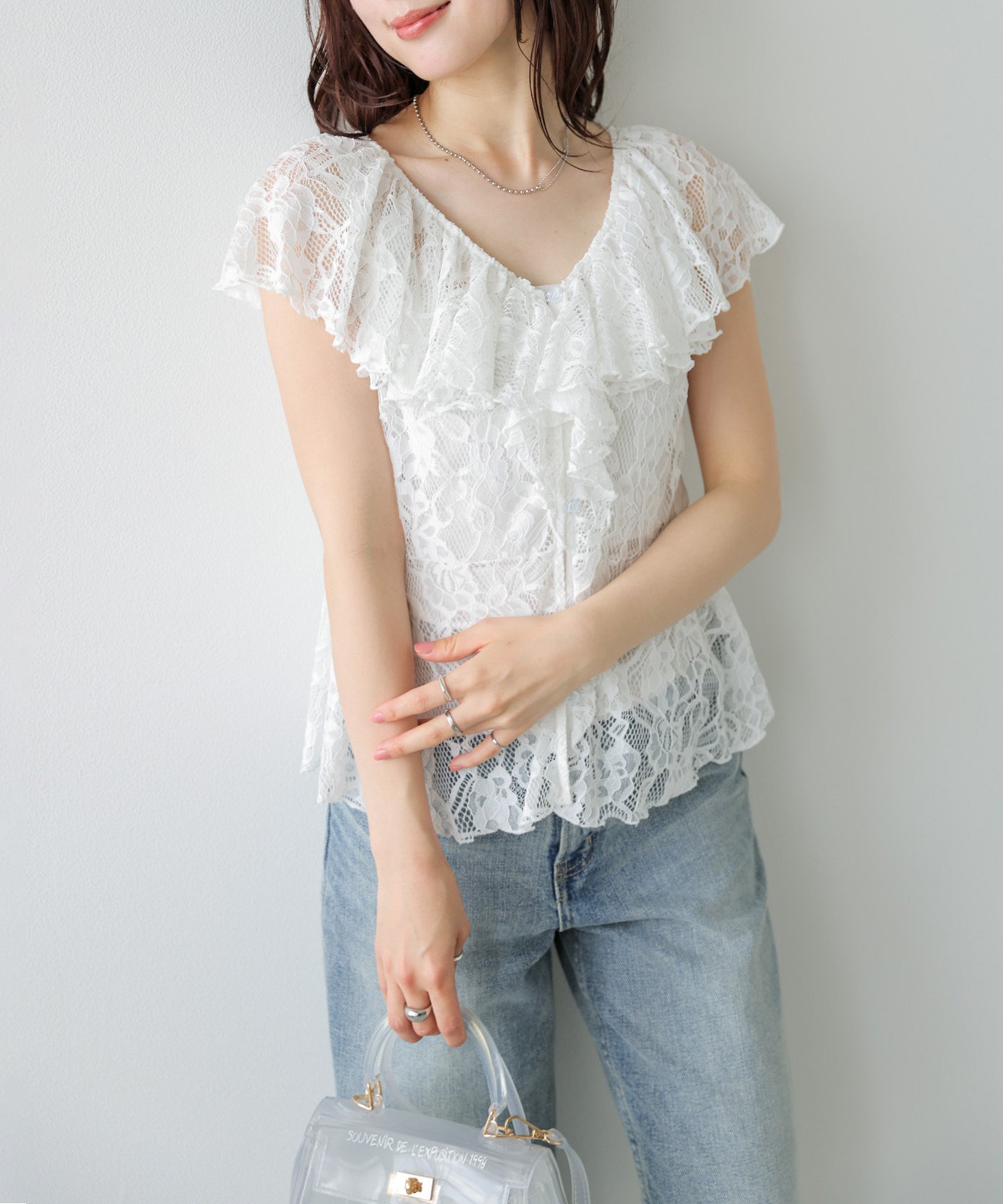 La-gemme ラッフルフリルレースブラウス ラジュール トップス シャツ・ブラウス ブラック ホワイト