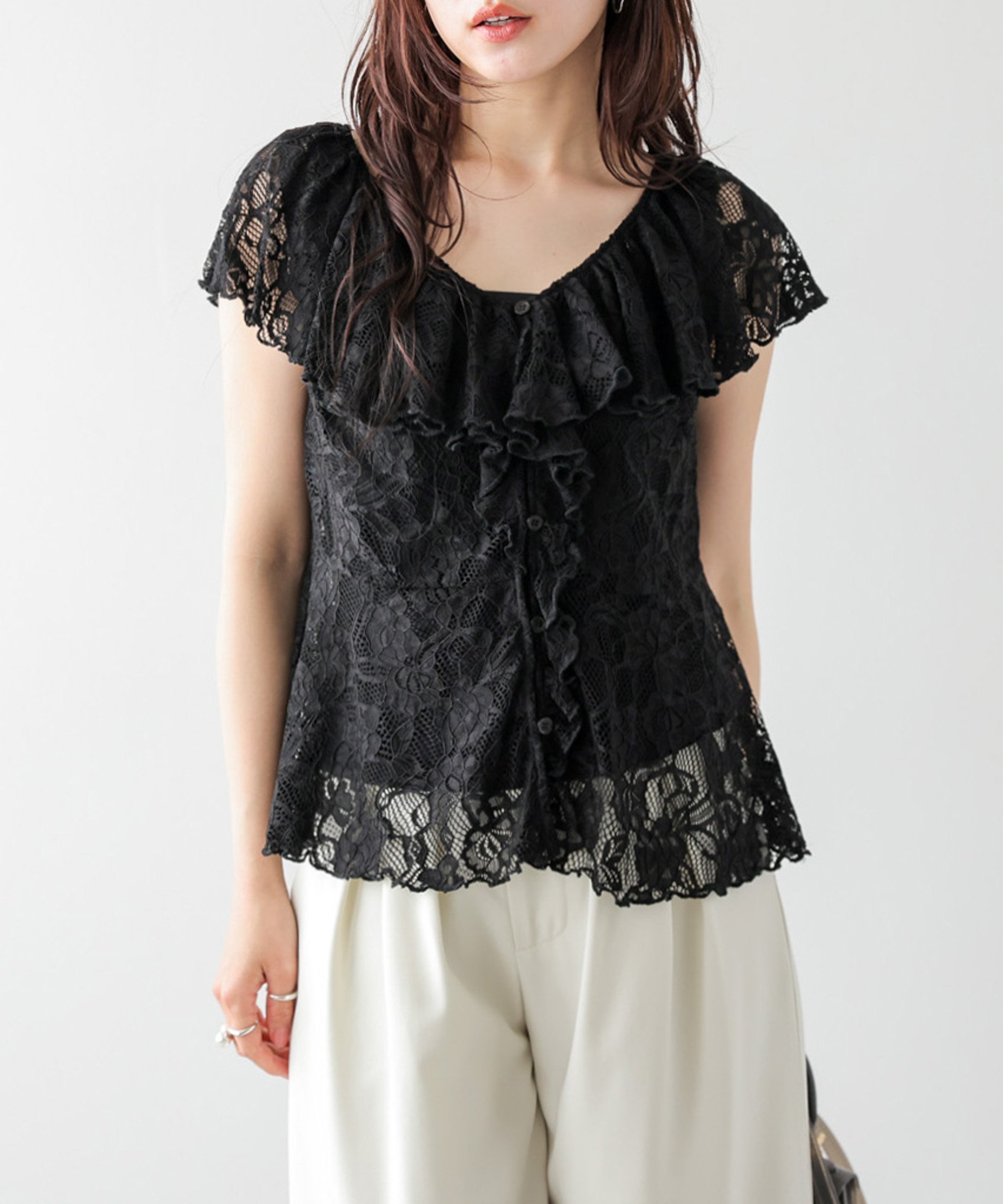 La-gemme ラッフルフリルレースブラウス ラジュール トップス シャツ・ブラウス ブラック ホワイト