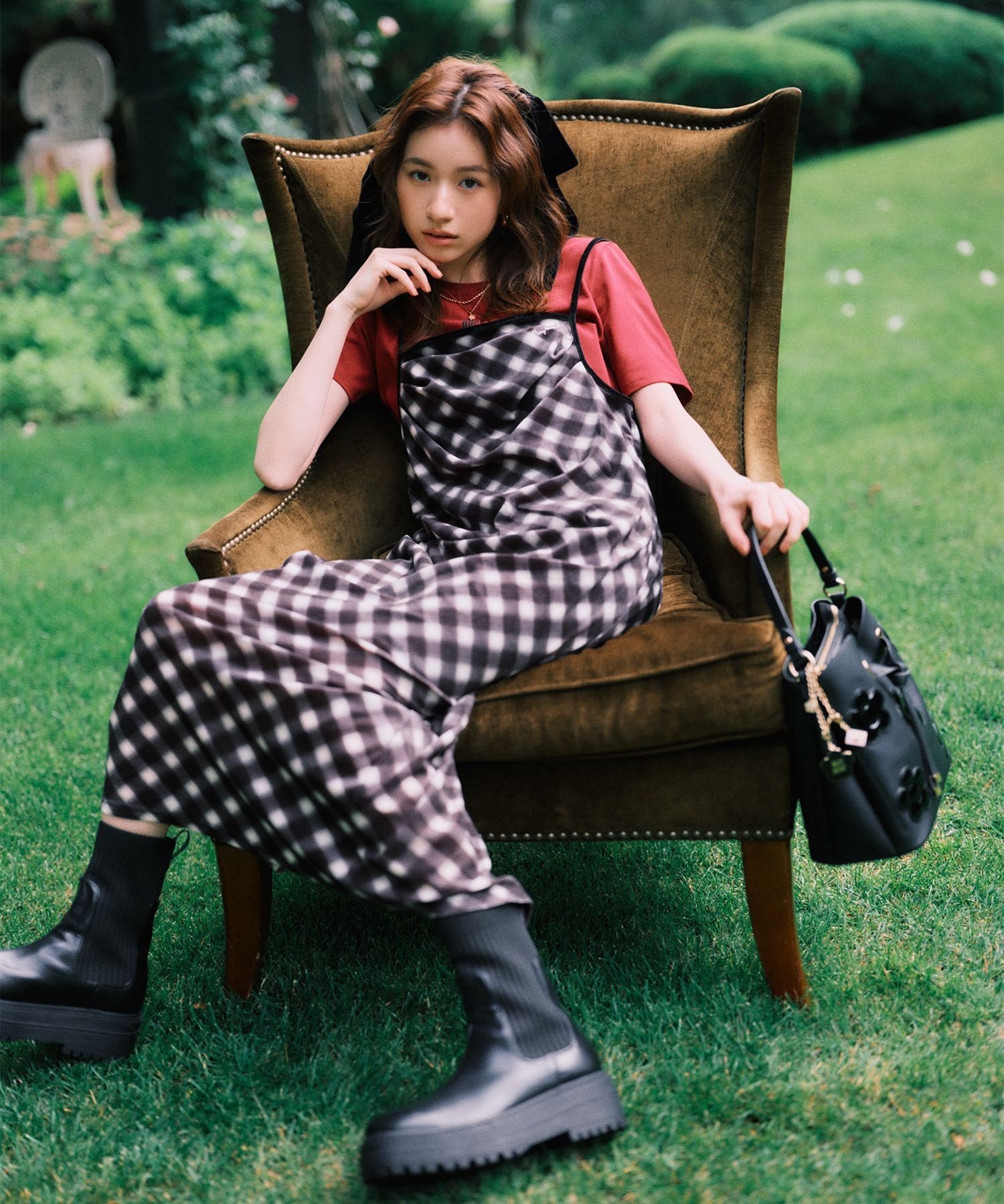 VIS 【MARY QUANT*VIS】チェックベロアドレープキャミワンピース ビス ワンピース・ドレス ワンピース ブラック ブラウン