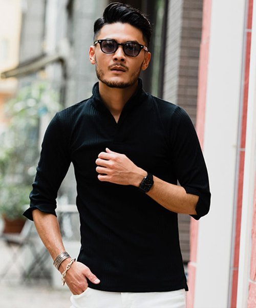 【SALE/5%OFF】CavariA CavariA ランダムテレコ七分袖ポロシャツ シルバーバレット トップス ポロシャツ ホワイト ブラック グレー レッド ブルー