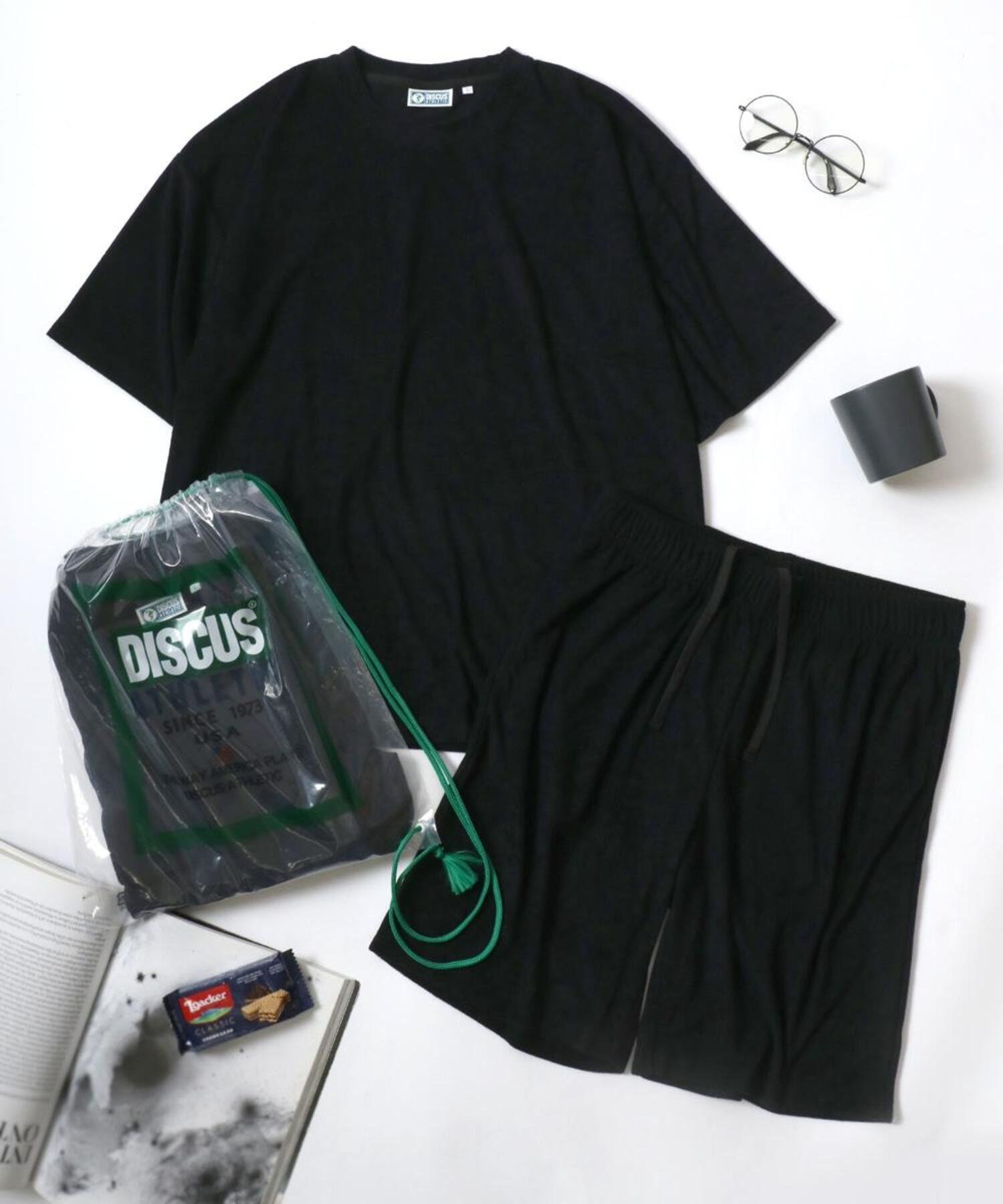 【SALE／30%OFF】DISCUS DISCUS ディスカス セットアップ パイル 無地 半袖 Tシャツ ショートパンツ 収納バッグ 3点セット ルームウェア ワンマイルウェア パジャマ レディース メンズ ラザル インナー・ルームウェア その他のインナー・ルームウェア ブラック ネイビー グレ