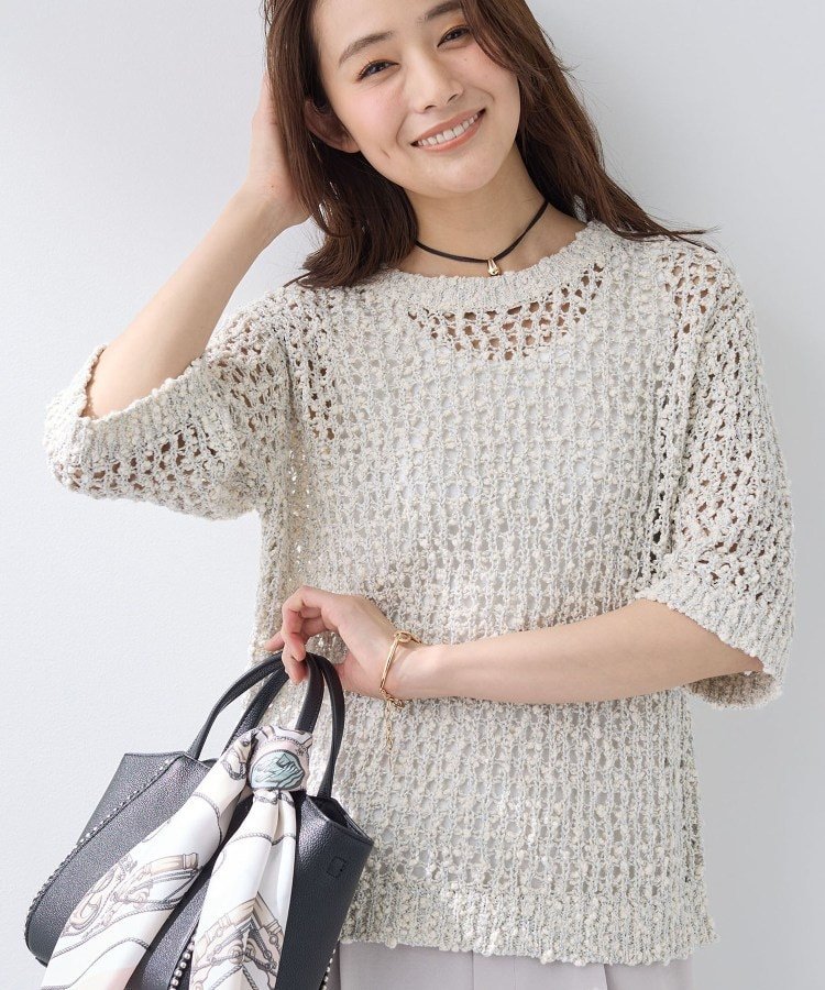 【SALE／64%OFF】INDIVI 【洗える/ラメ混/5分袖】イタリア糸ファンシーヤーンニット インディヴィ トップス ニット グレー ブルー【送料無料】