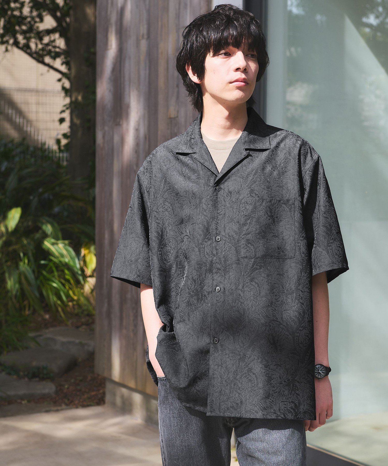 UNITED ARROWS green label relaxing リネンライク ジャガード オープンカラー 半袖 シャツ ユナイテッドアローズ グリーンレーベルリラクシング トップス シャツ・ブラウス ネイビー グリーン グレー【送料無料】（楽天・Rakuten Fashion）