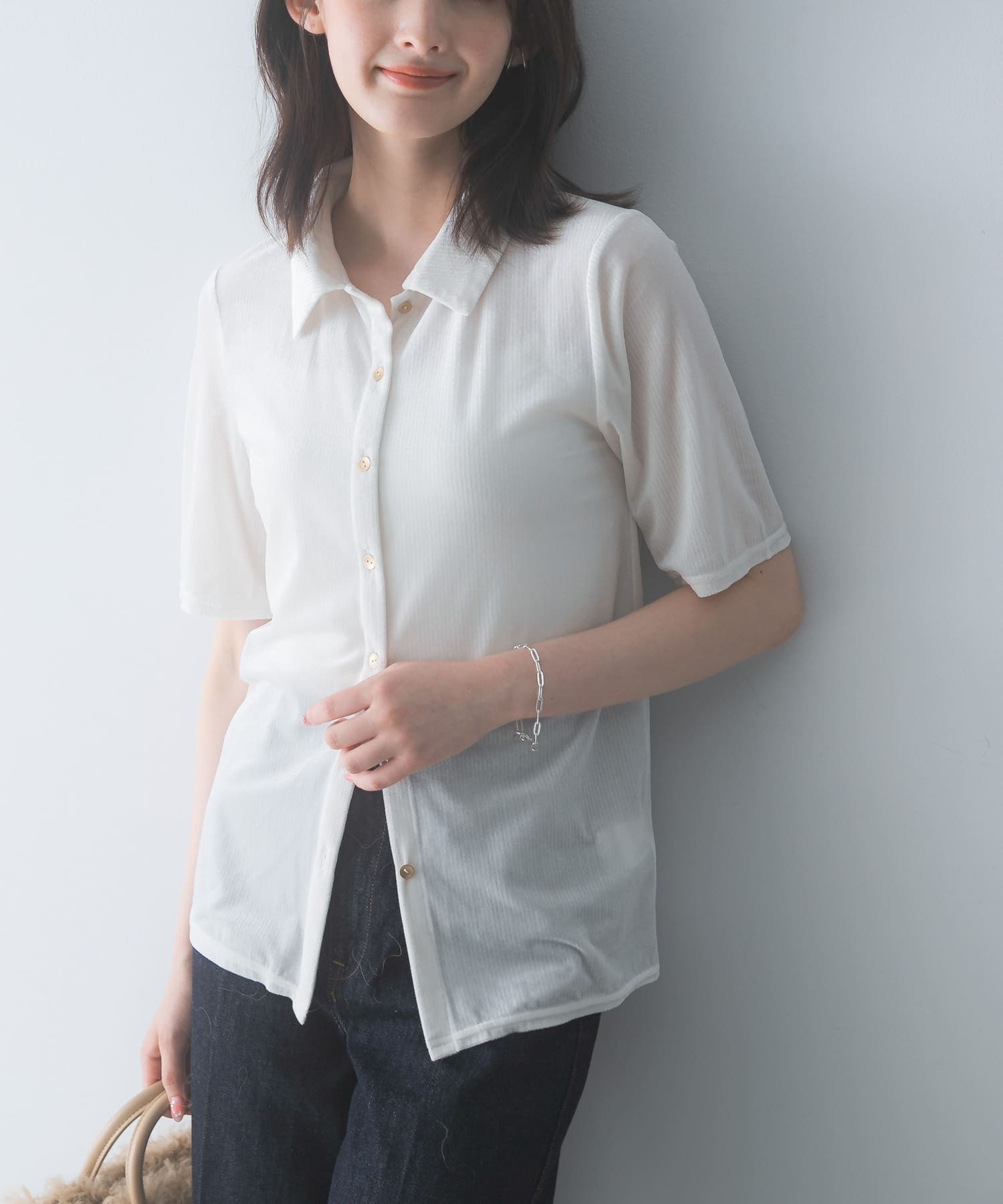 ROSSO シアーストライプベロアポロカットソー アーバンリサーチロッソ トップス カットソー・Tシャツ ホワイト ブラック