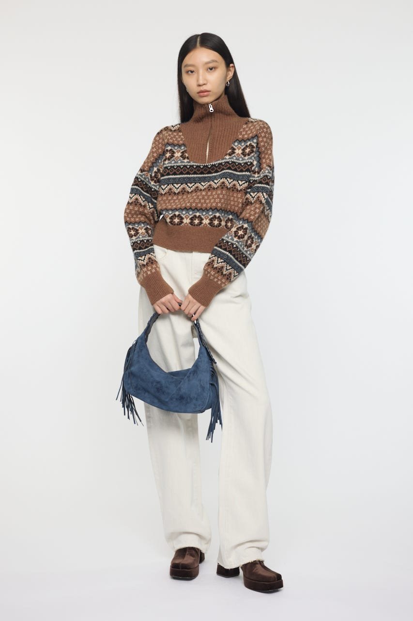 【SALE／50%OFF】MOUSSY HALF ZIP FAIR ISLE セーター マウジー トップス ニット ブラウン レッド【送料無料】