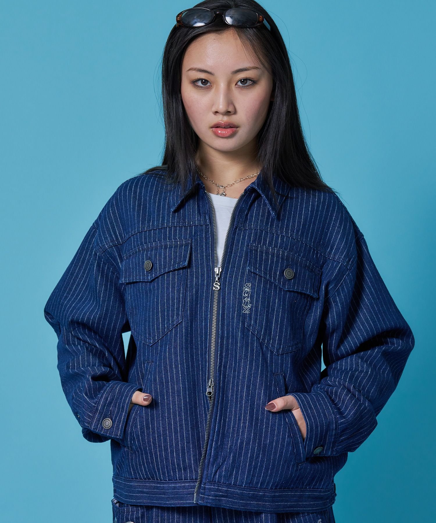 B ONE SOUL 【sqnz(エスキュンズ)】リジッドデニムジャケット / デニム リジッド ジャケット 刺繍 レザーパッチ ダブルジップ 短丈 ナバル ジャケット・アウター ブルゾン・ジャンパー ネイビー ブラック【送料無料】