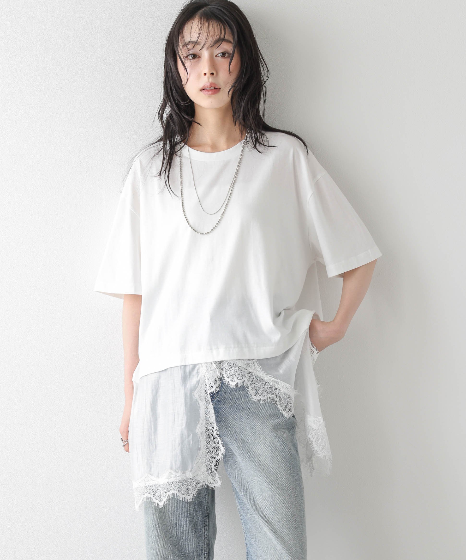 La-gemme シアーレースドッキングトップス ラジュール トップス カットソー・Tシャツ ブラック ホワイト