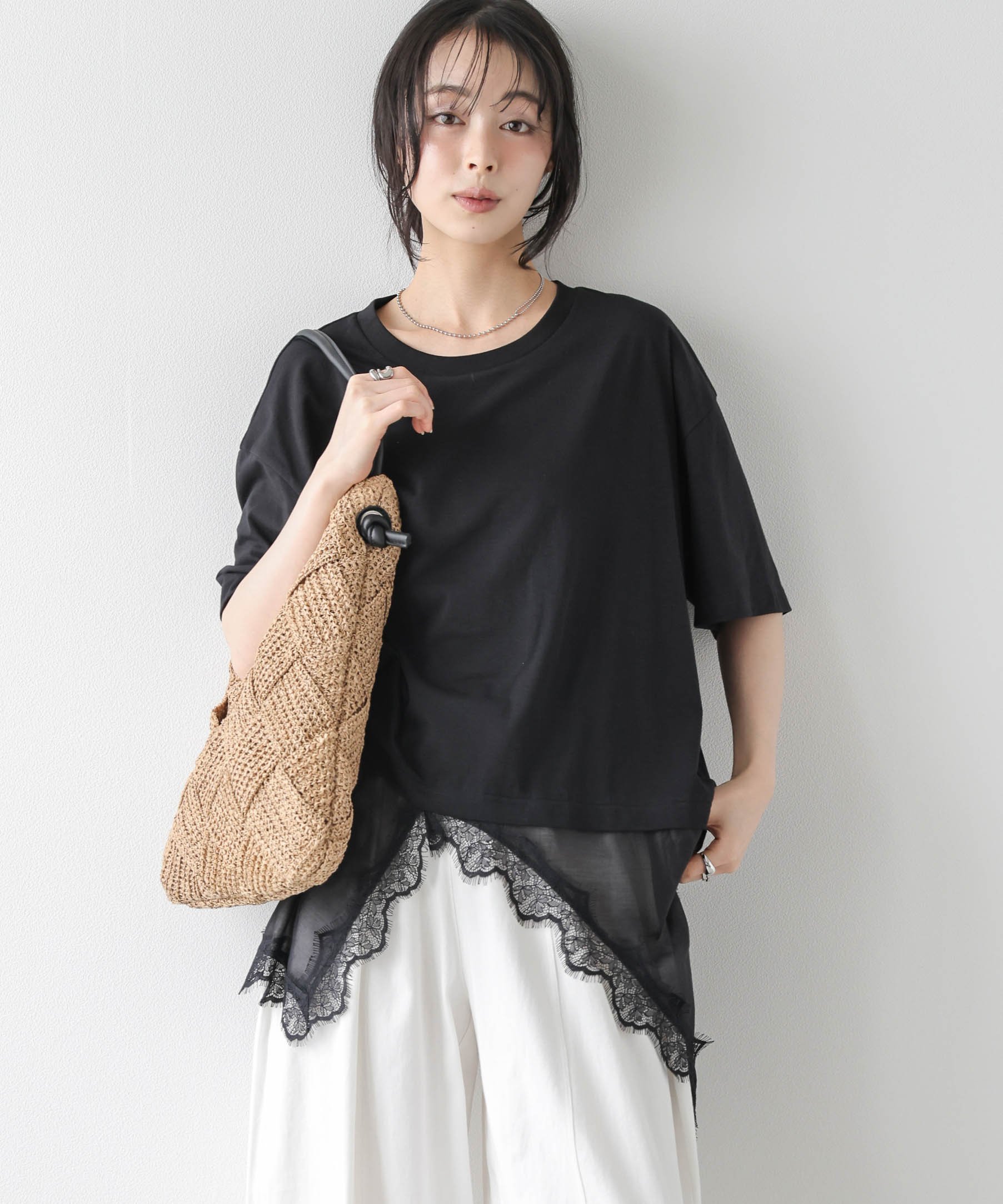 La-gemme シアーレースドッキングトップス ラジュール トップス カットソー・Tシャツ ブラック ホワイト