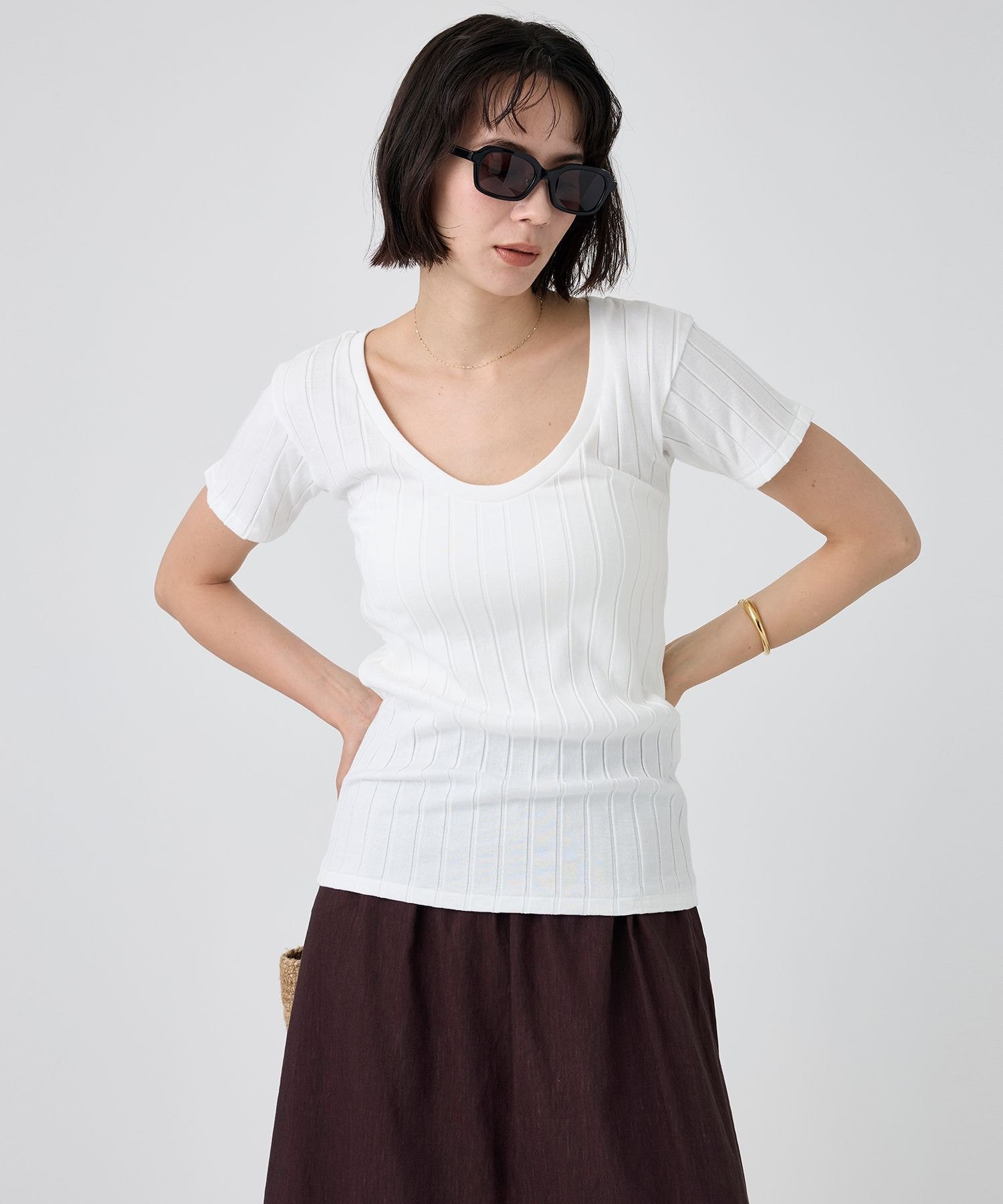 【YOUNG&OLSEN】＜別注＞2WAYリブTEE バビロン トップス カットソー・Tシャツ ホワイト ブラウン