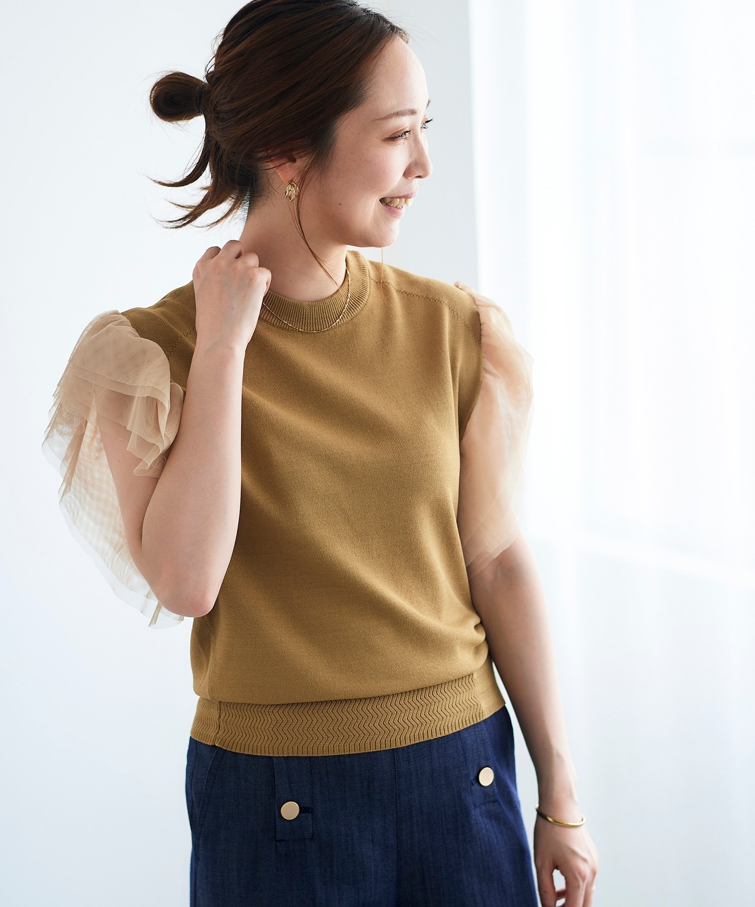 【SALE/60%OFF】le.coeur blanc チュールスリーブニット ルクールブラン トップス ニット ベージュ ブラック カーキグリーン【送料無料】