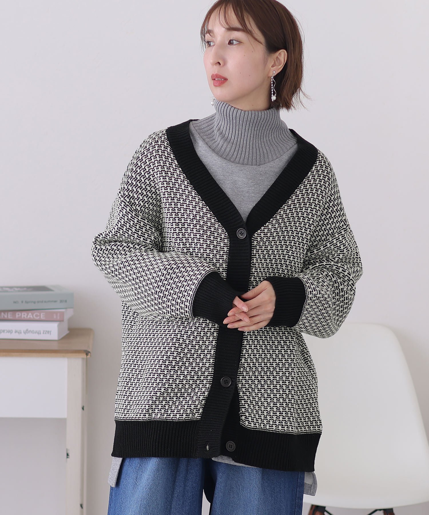 PourVous リンクス柄ダブルジャガードVネックカーディガン プールヴー トップス カーディガン ブラック..