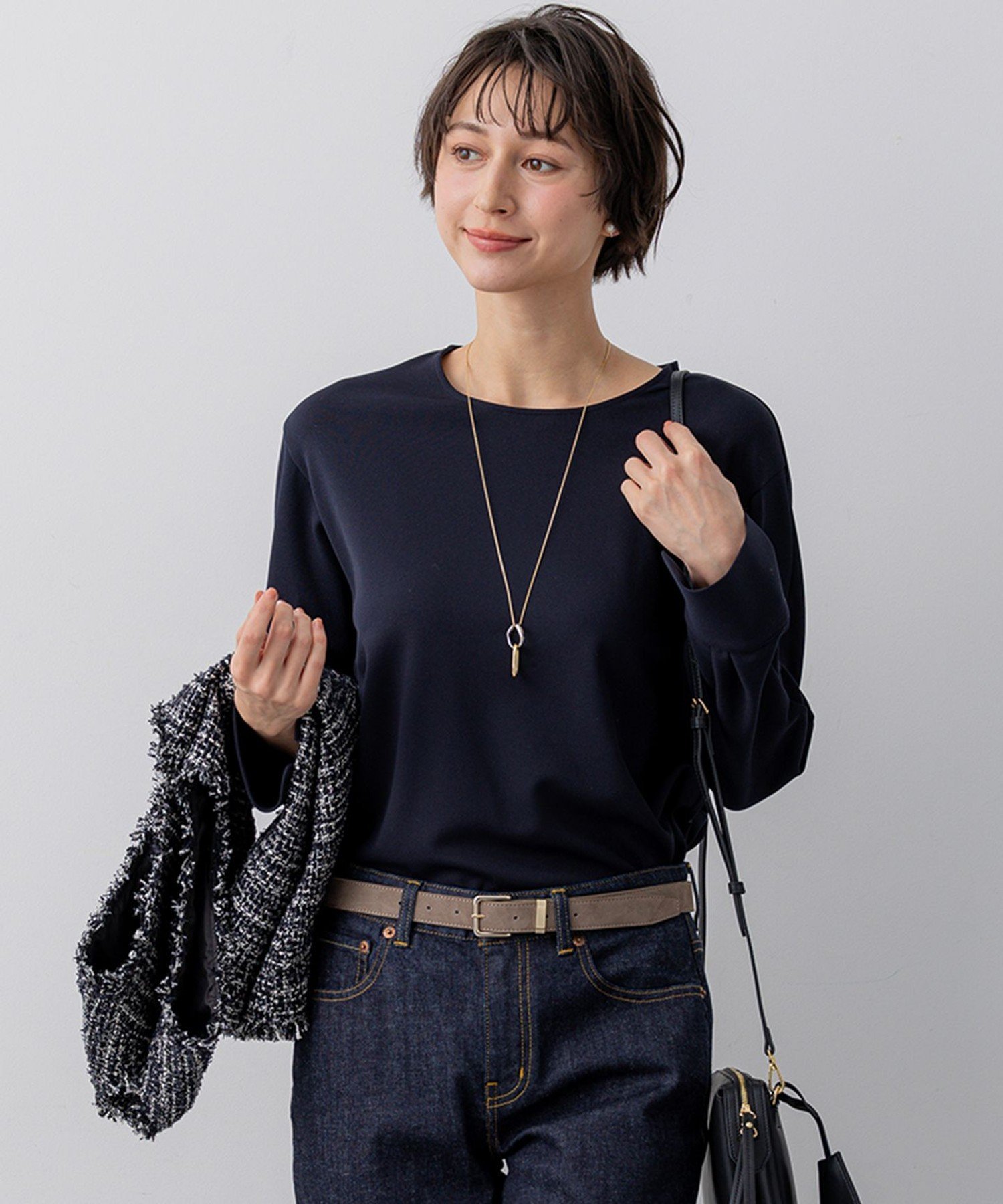 23区 S バックボタン TEEブラウス ニジュウサンク トップス シャツ・ブラウス ネイビー ピンク ホワイト