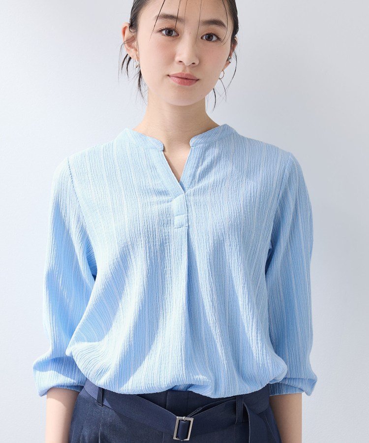 【洗える/着心地楽ちん】ブラウス風ストライプカットソートップス インディヴィ トップス カットソー・Tシャツ ホワイト ブルー ブラック