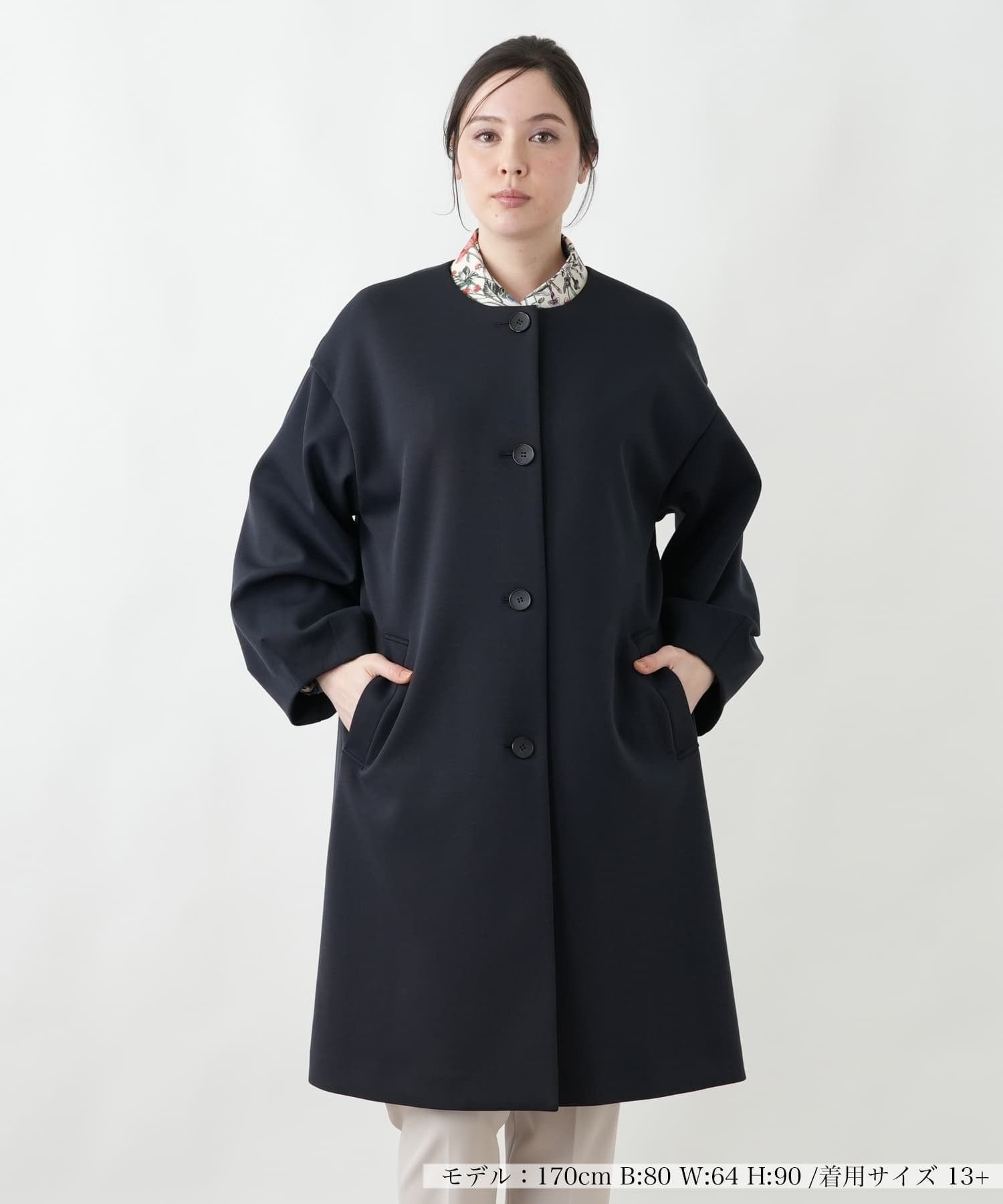 Leilian PLUS HOUSE 【店頭人気】ダンボールニットコート レリアン プラスハウス ジャケット・アウター ステンカラーコート ネイビー ブラック