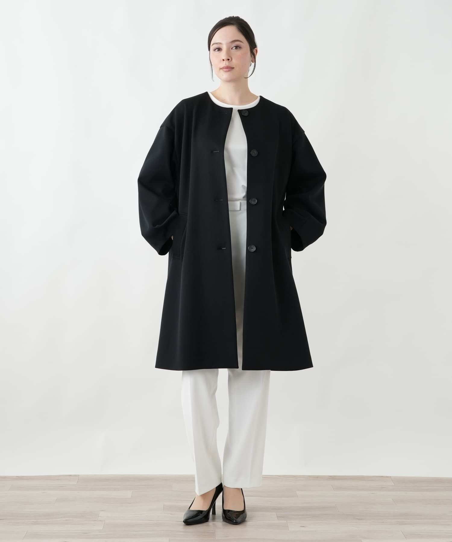 Leilian PLUS HOUSE 【店頭人気】ダンボールニットコート レリアン プラスハウス ジャケット・アウター ステンカラーコート ネイビー ブラック