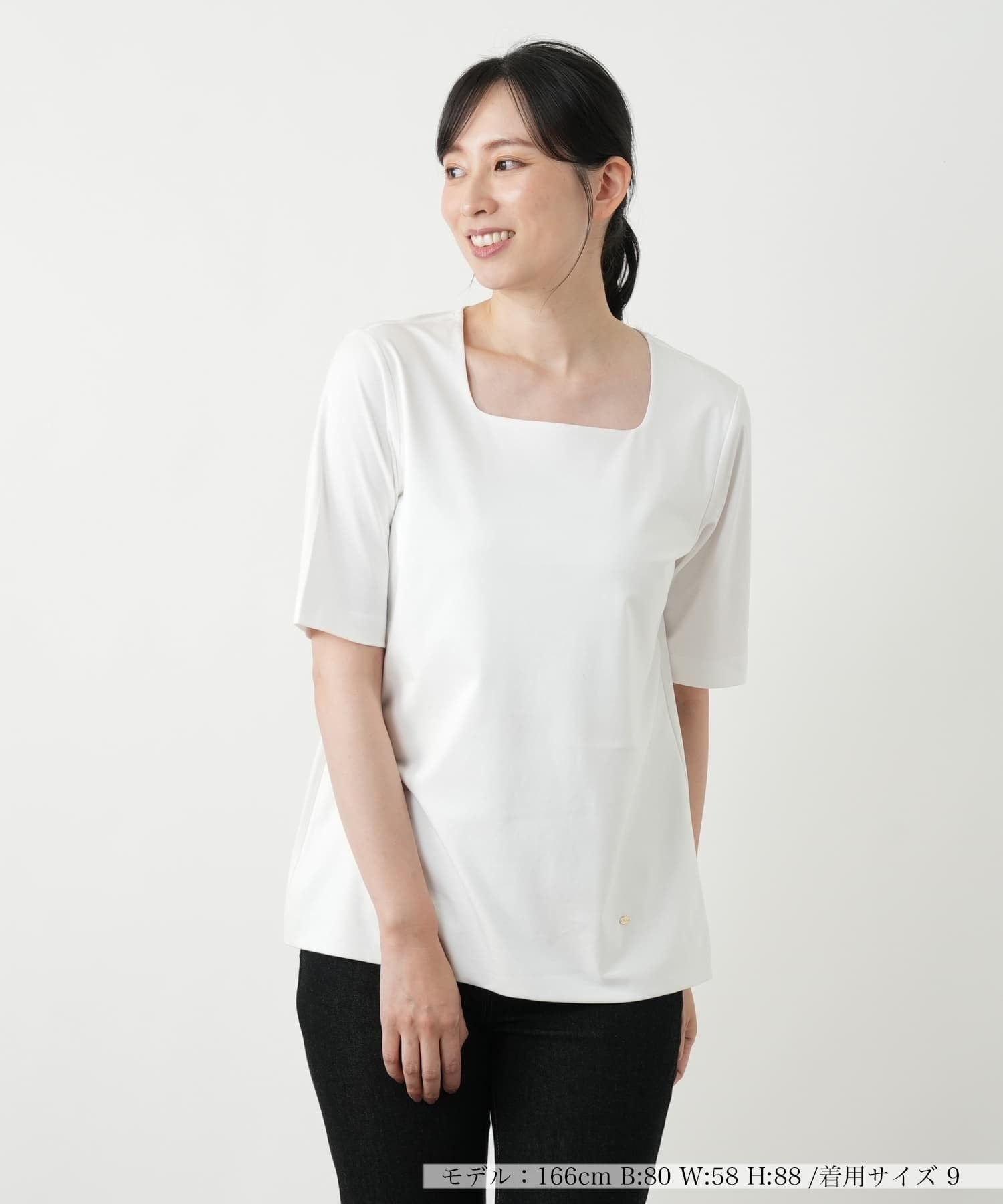 Leilian スクエアネックカットソー レリアン トップス カットソー・Tシャツ ホワイト ネイビー