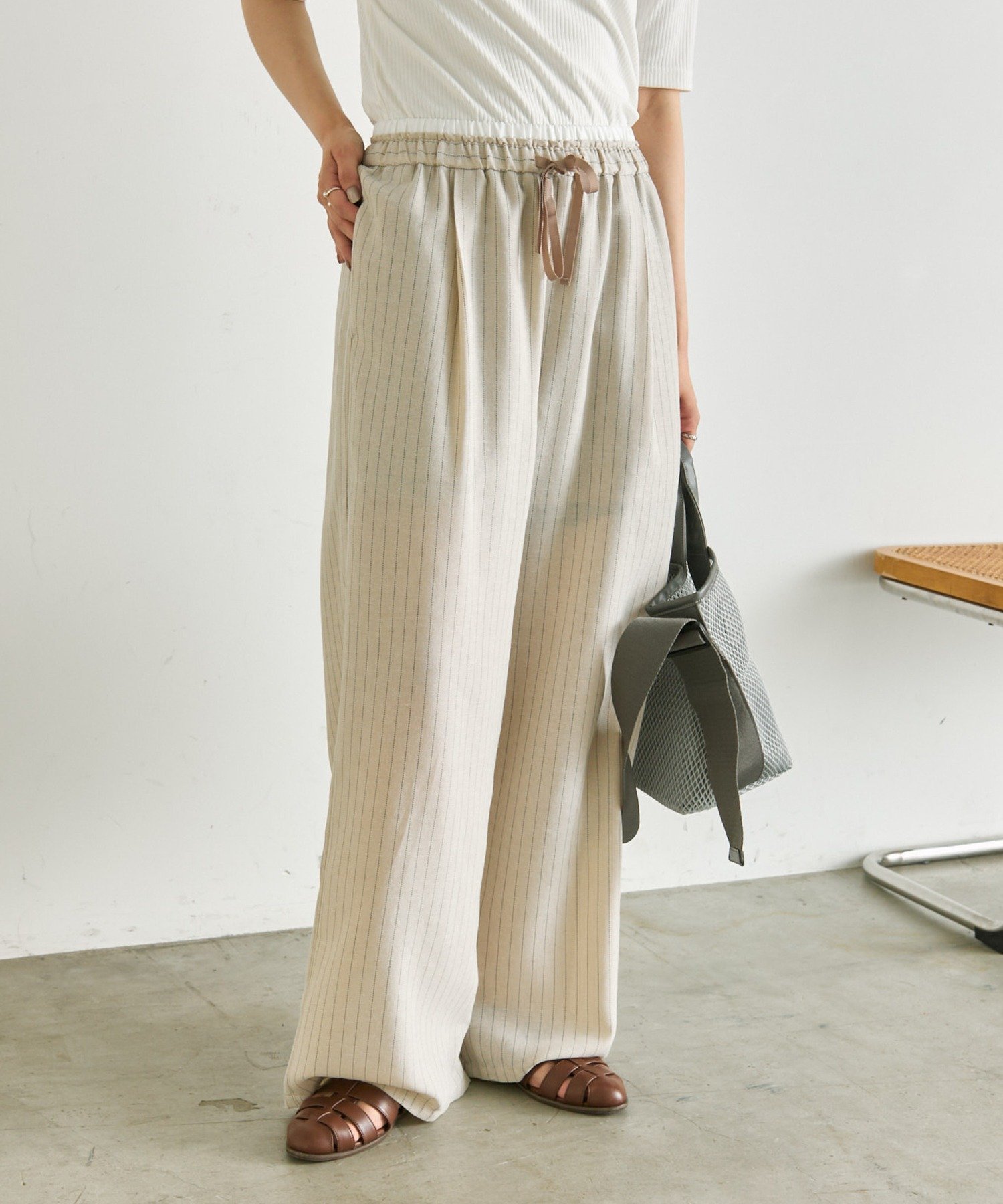 麻ライクストライプパンツ【SUM1 STYLE】 イア パピヨネ パンツ その他のパンツ ブラック ベージュ
