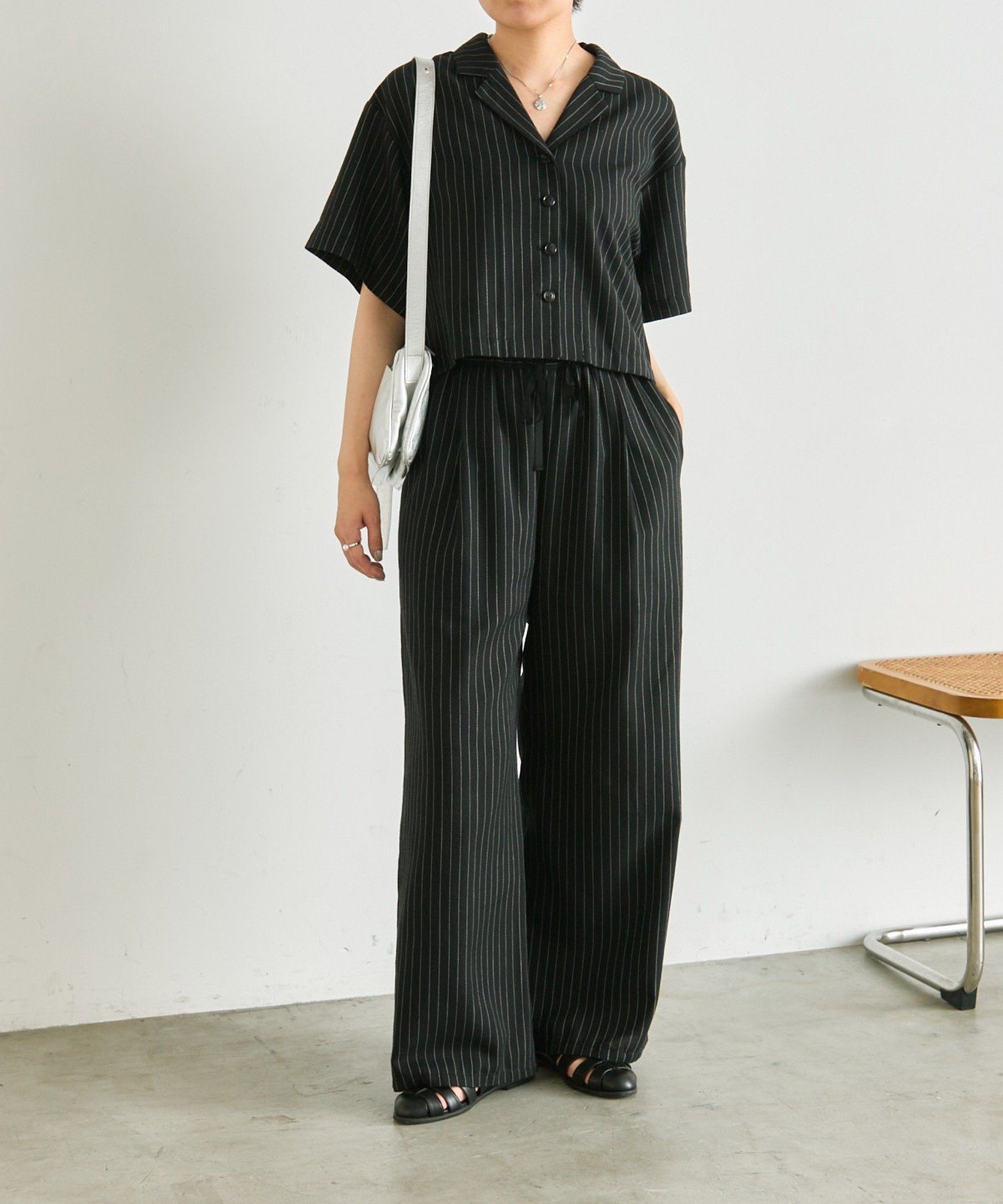 麻ライクストライプパンツ【SUM1 STYLE】 イア パピヨネ パンツ その他のパンツ ブラック ベージュ