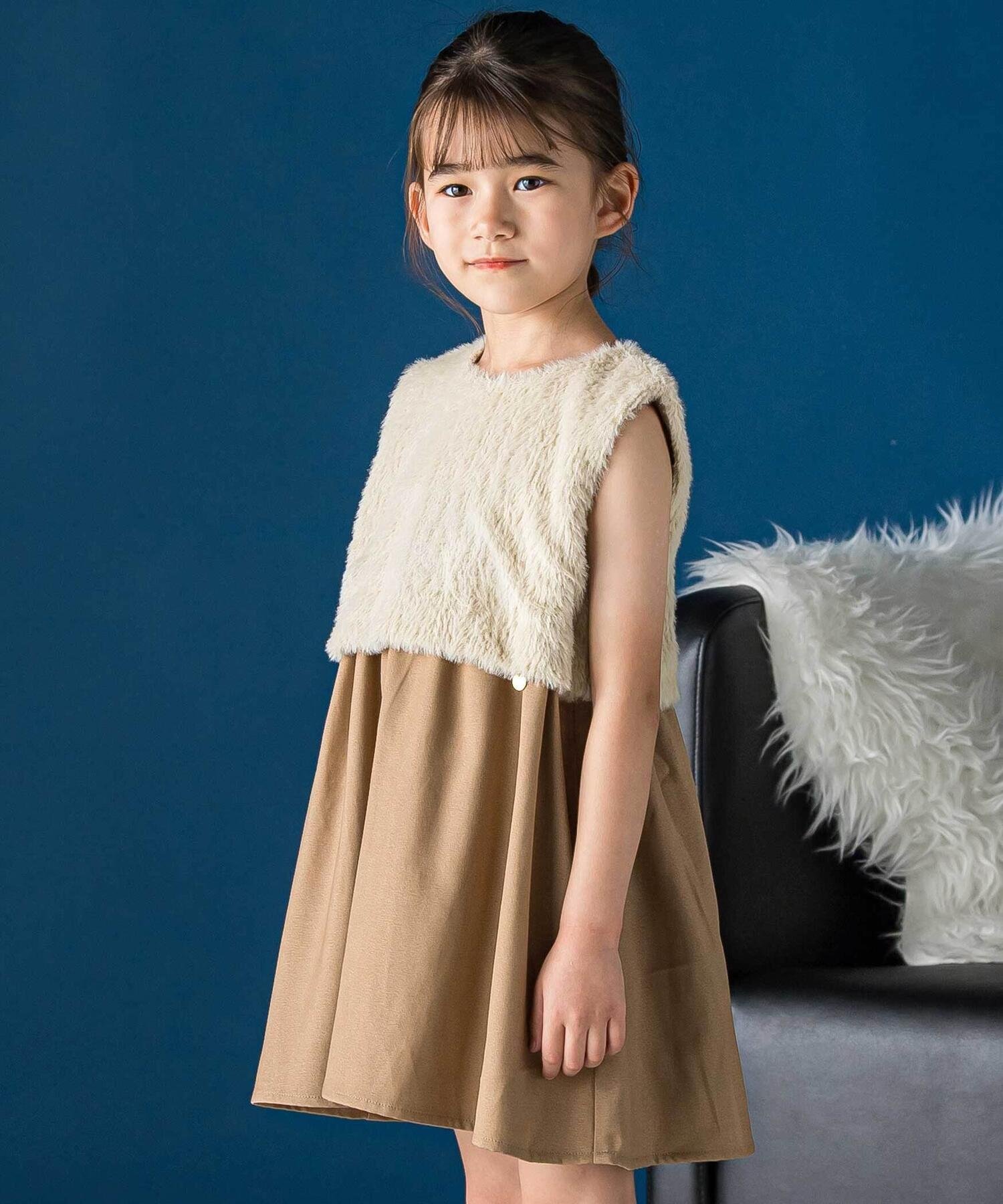 BeBe Petits Pois Vert ファードッキングジャンパースカート(95~150cm) ベベ オンライン ストア ワンピース・ドレス ジャンパースカート ベージュ ブラック【送料無料】