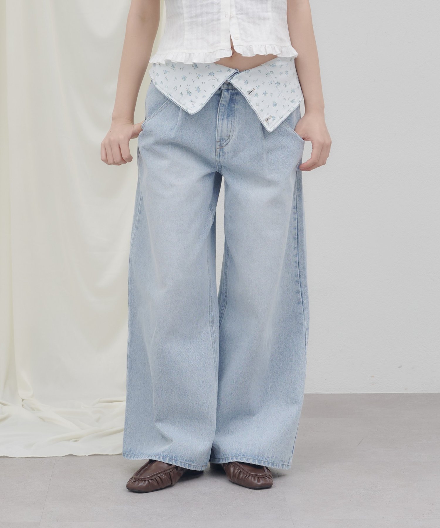 【umm./AW先行予約】ウエスト折り返しワイドデニムパンツ ディスコート パンツ その他のパンツ ブルー