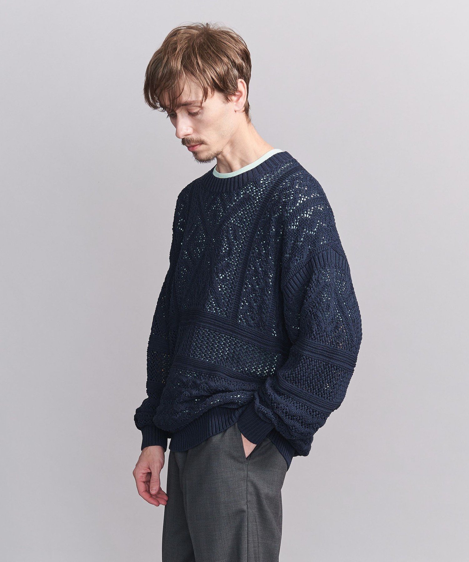 BEAUTY&YOUTH UNITED ARROWS <koti BEAUTY&YOUTH> ポリエステル コットン ガンジーニット ビューティー&ユース ユナイテッドアローズ トップス ニット グレー ネイビー【送料無料】