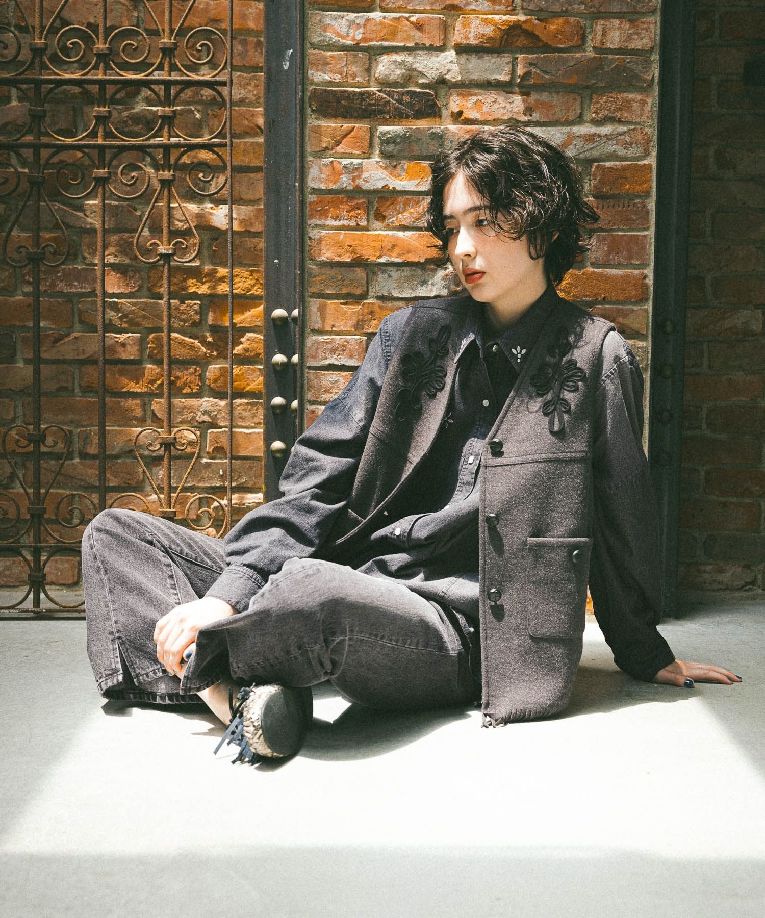 【美品】 45R ベスト デニム柄 止水ジップ ダブルジップ 内ポケット 3 デニムベスト ジレ レディース ベスト デニム ノースリーブ