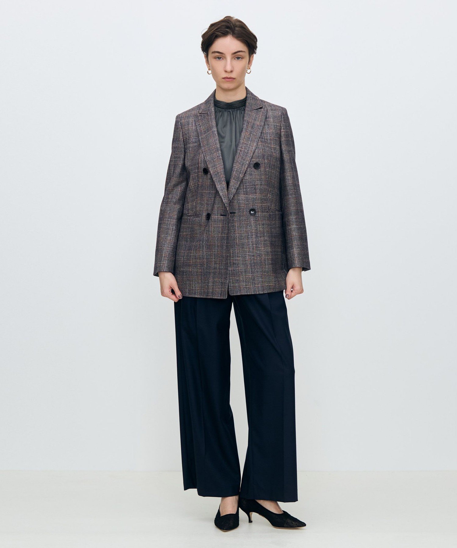 TOMORROWLAND collection SILK AIR GLEN CHECK ダブルブレストジャケット トゥモローランド ジャケット・アウター テーラードジャケット・ブレザー グレー ネイビー【送料無料】