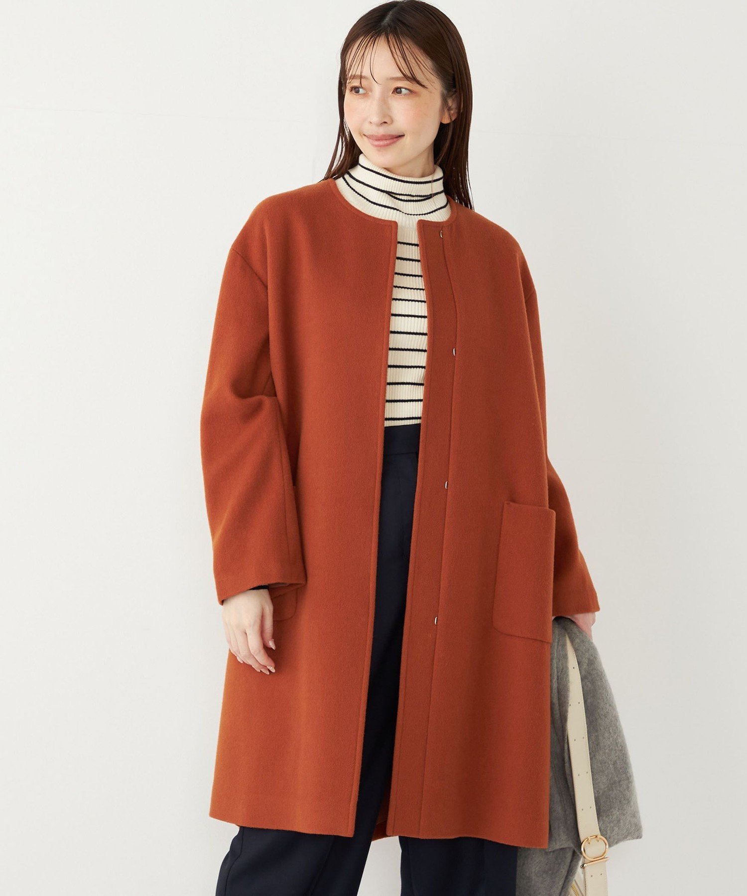 SHIPS Colors SHIPS Colors:SUPER100 ウール ノーカラー コート◇ シップス ジャケット・アウター その他のジャケット・アウター ブラウン ブラック オレンジ【送料無料】のサムネイル