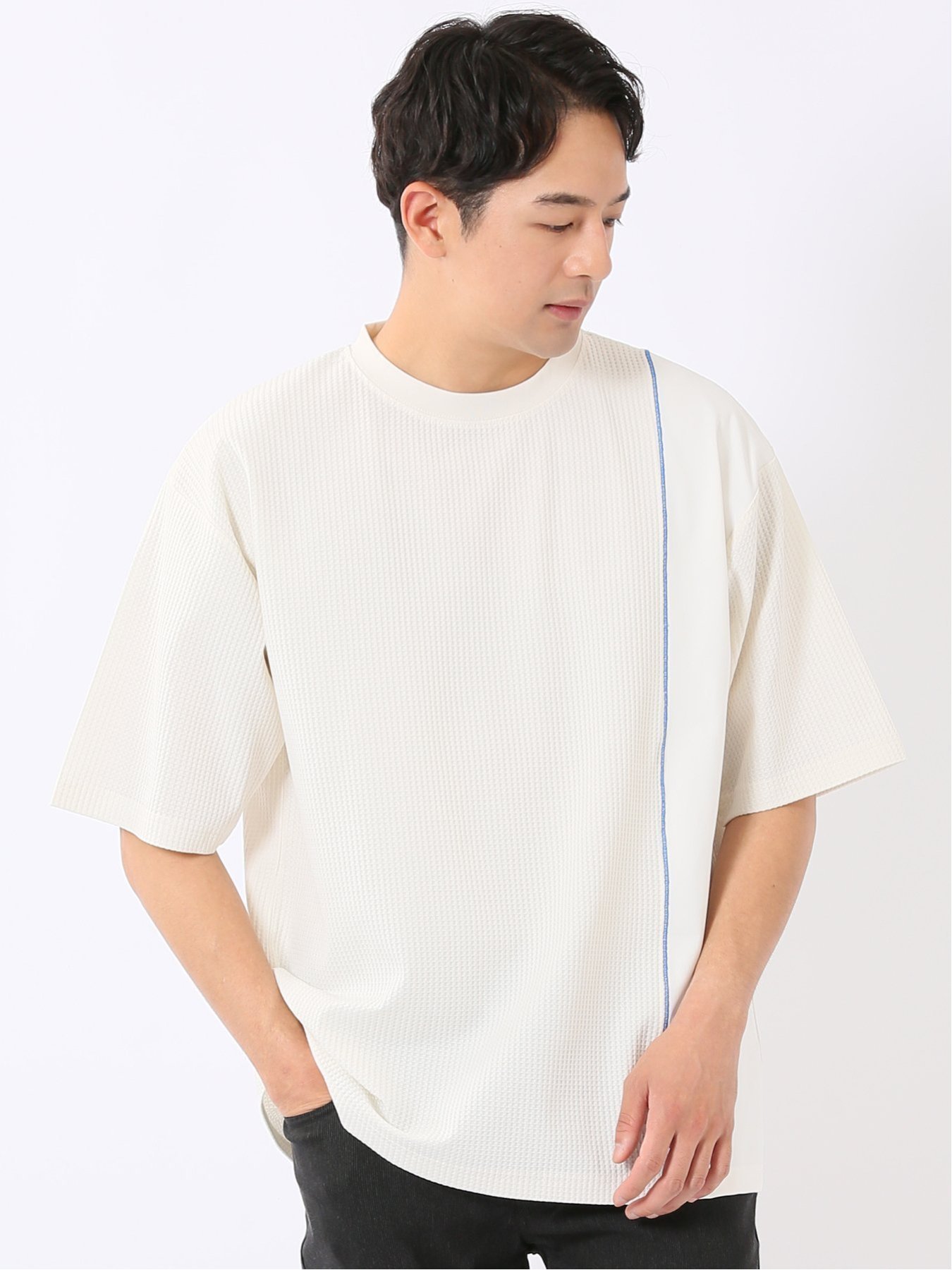 m.f.editorial KAITEKI+ ストレッチ 涼感 UV イージーケア ソロナ ワッフル 切替 クルーネック 半袖 Tシャツ メンズ タカキュー トップス カットソー・Tシャツ ホワイト グレー グリーン
