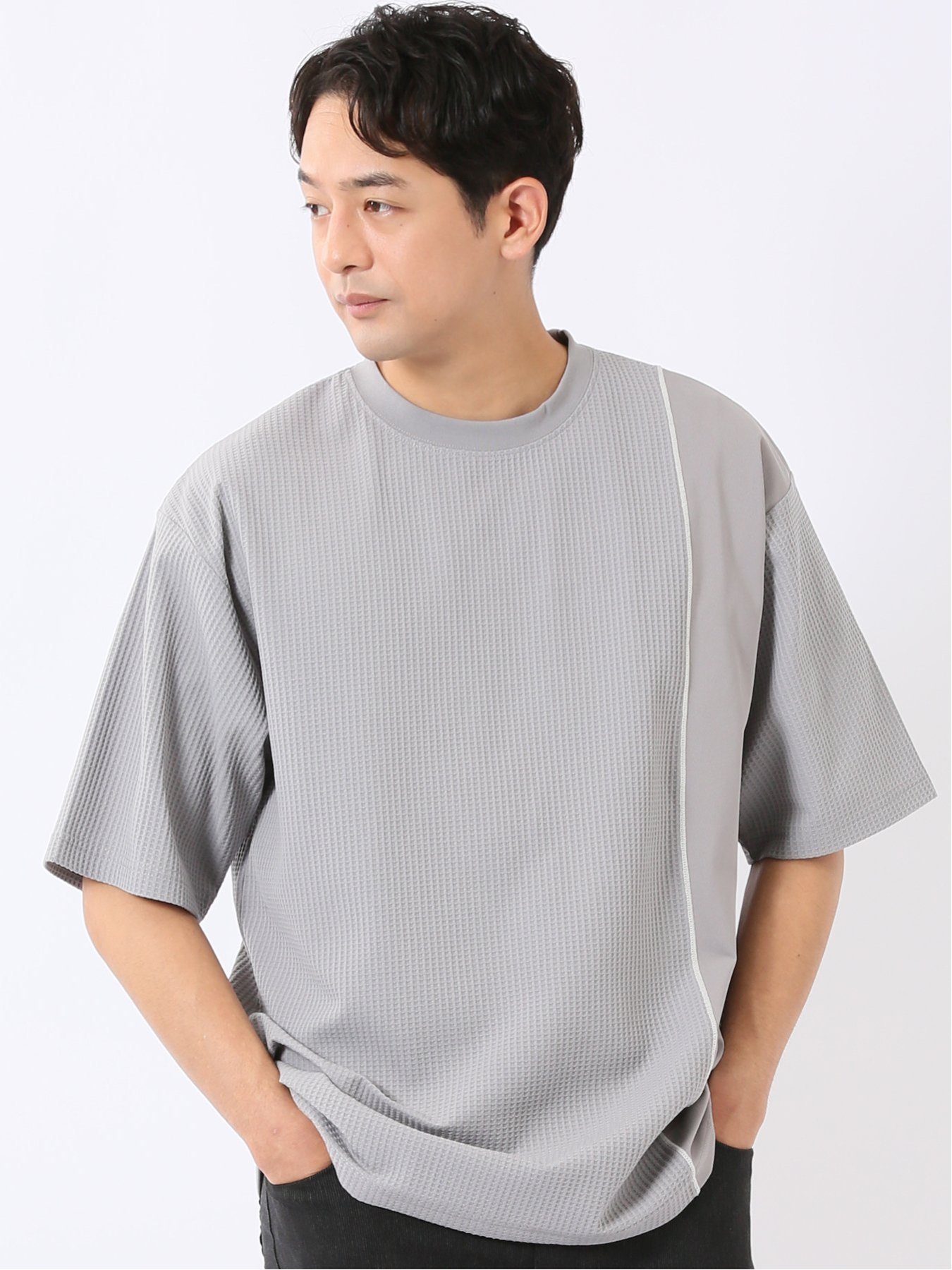 m.f.editorial KAITEKI+ ストレッチ 涼感 UV イージーケア ソロナ ワッフル 切替 クルーネック 半袖 Tシャツ メンズ タカキュー トップス カットソー・Tシャツ ホワイト グレー グリーン
