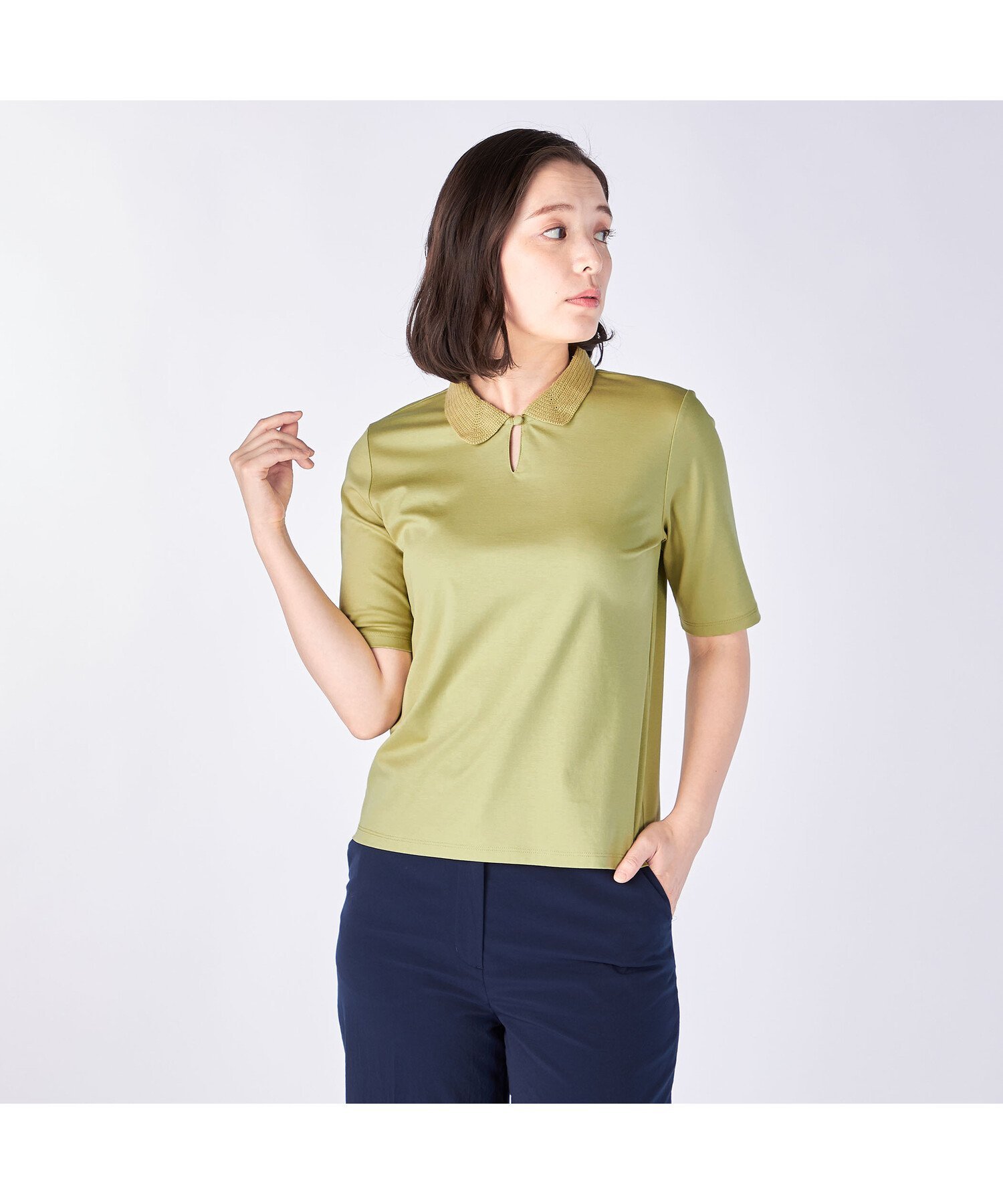 KEITH 【Lサイズ】クロッシェジャージーポロカラーカットソー キース トップス カットソー・Tシャツ グリーン ホワイト ネイビー