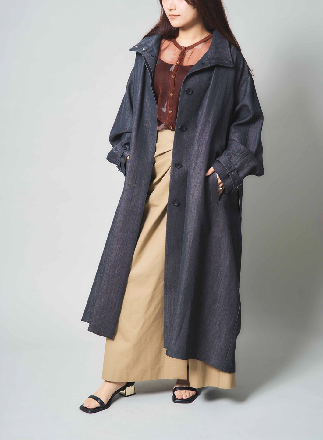 【SALE／50%OFF】COEL リネンビッグロングコート コエル ジャケット・アウター その他のジャケット・アウター ブラック ベージュ【送料無料】